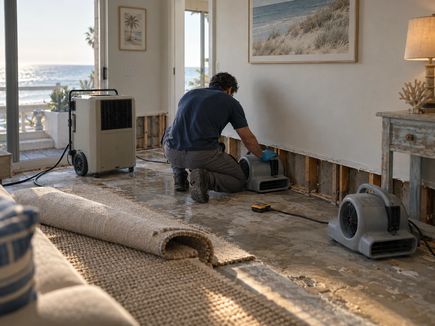 Technician placing air movers and a dehumidifier in a Sunset Beach cottage with flooring lifted
