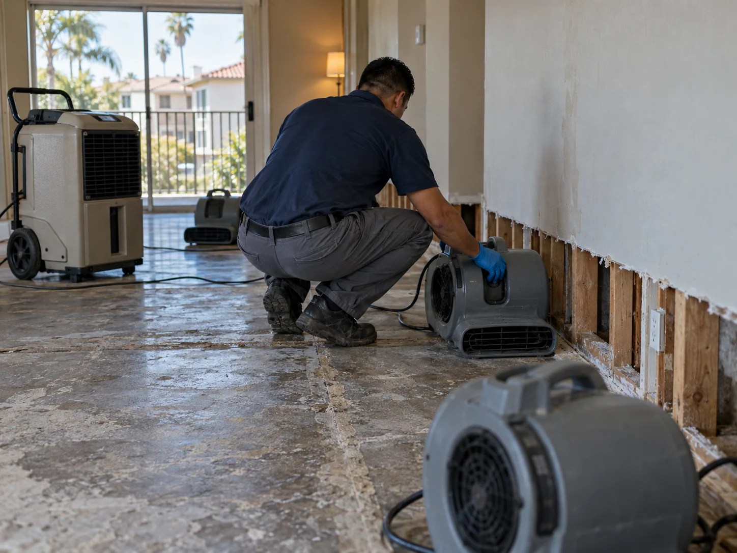 Technician placing air movers and a dehumidifier in a Tustin multi-unit home with flooring lifted