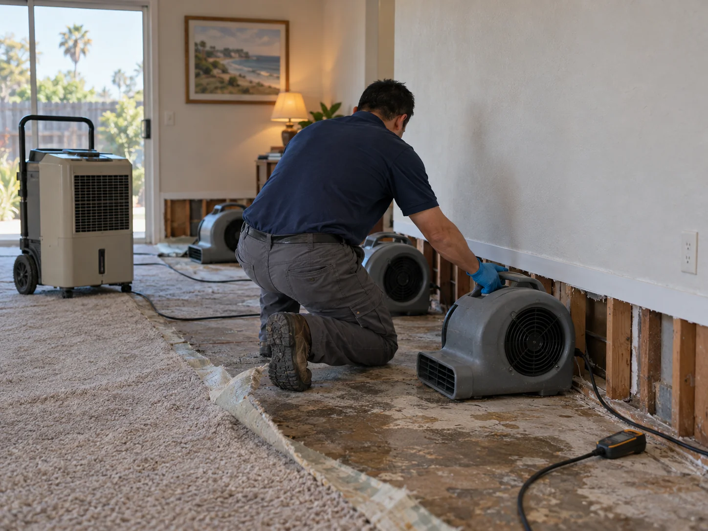 Technician placing air movers and a dehumidifier in an older Westminster tract home with flooring lifted