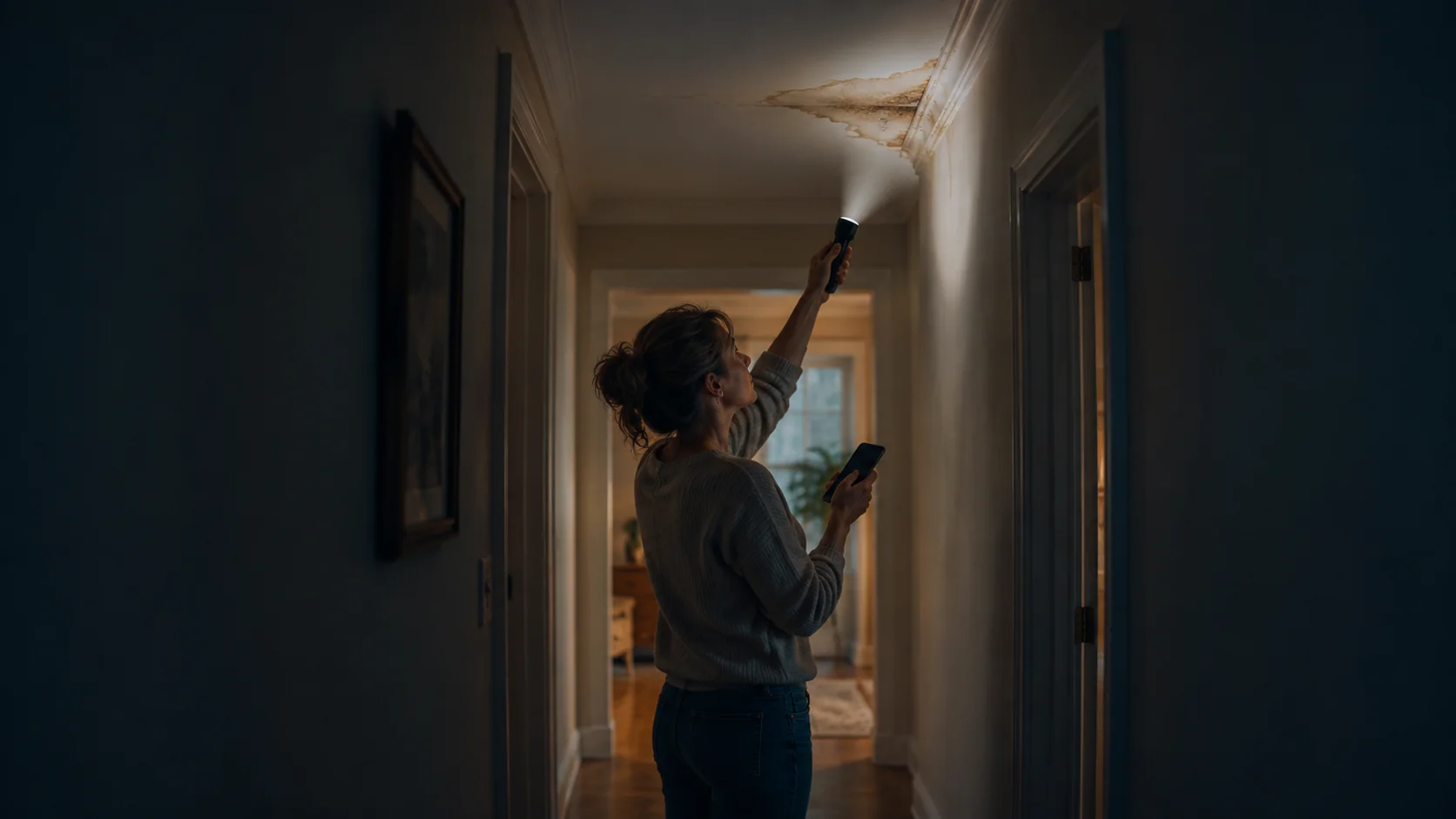 Homeowner shining a flashlight on a brown ceiling water stain while holding a phone in a hallway