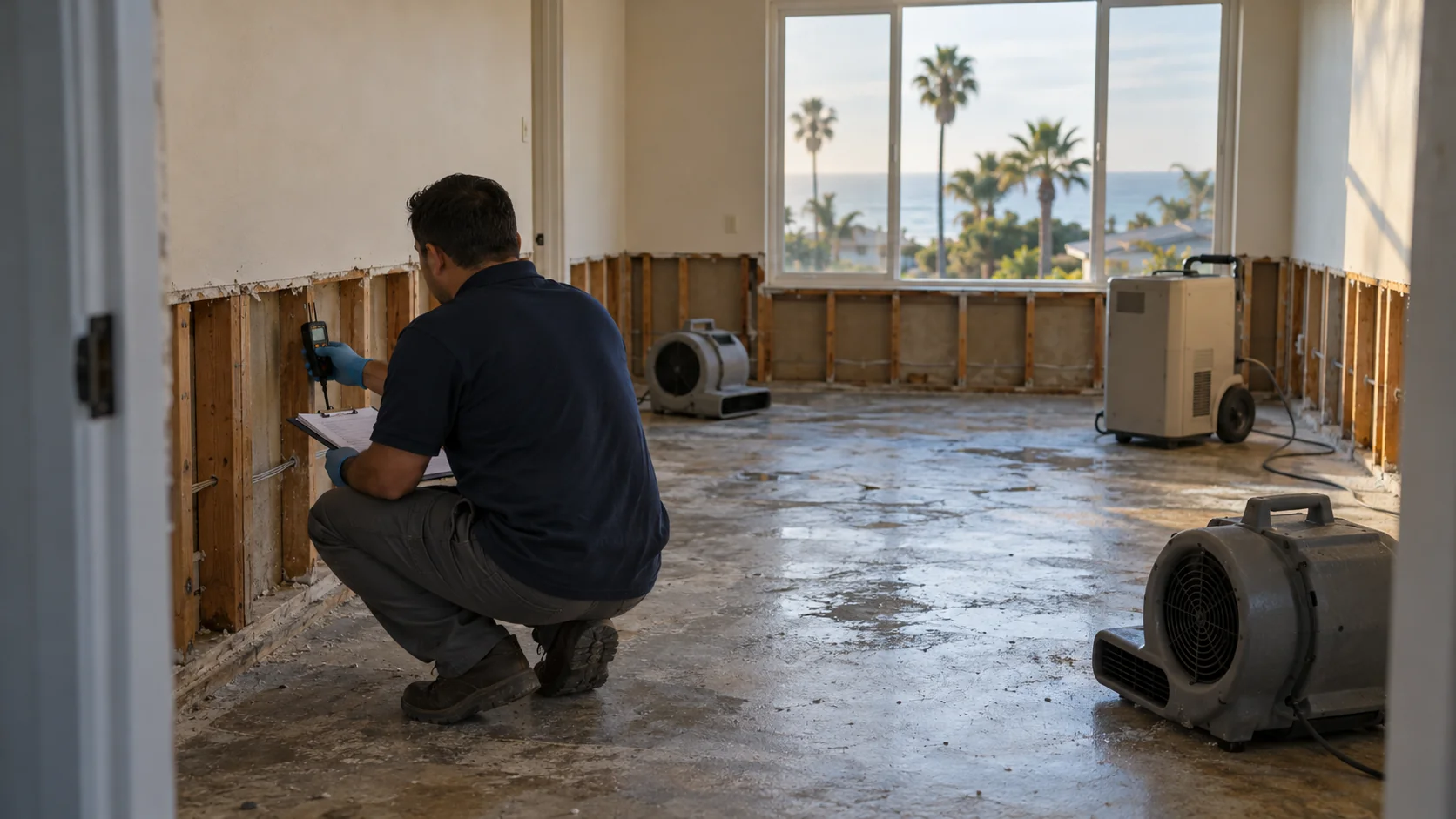 Technician with clipboard and moisture meter in a room with lower drywall cut away and an air mover running