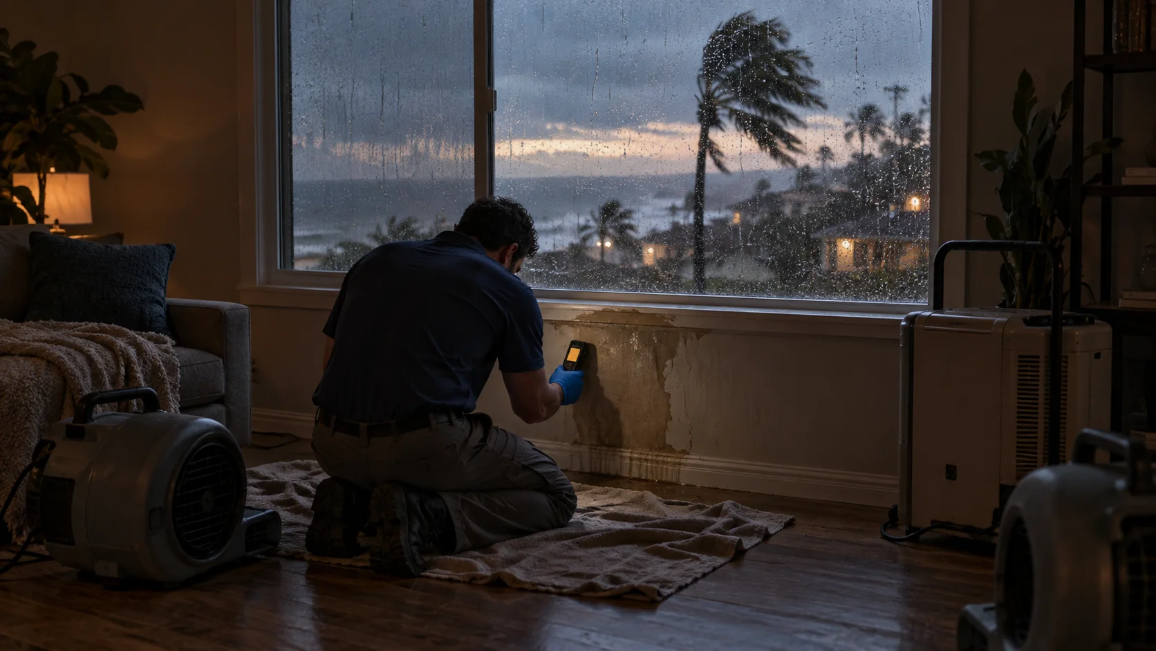 Rain streaming down a living room window at dusk with a damp patch spreading on the sill and wall