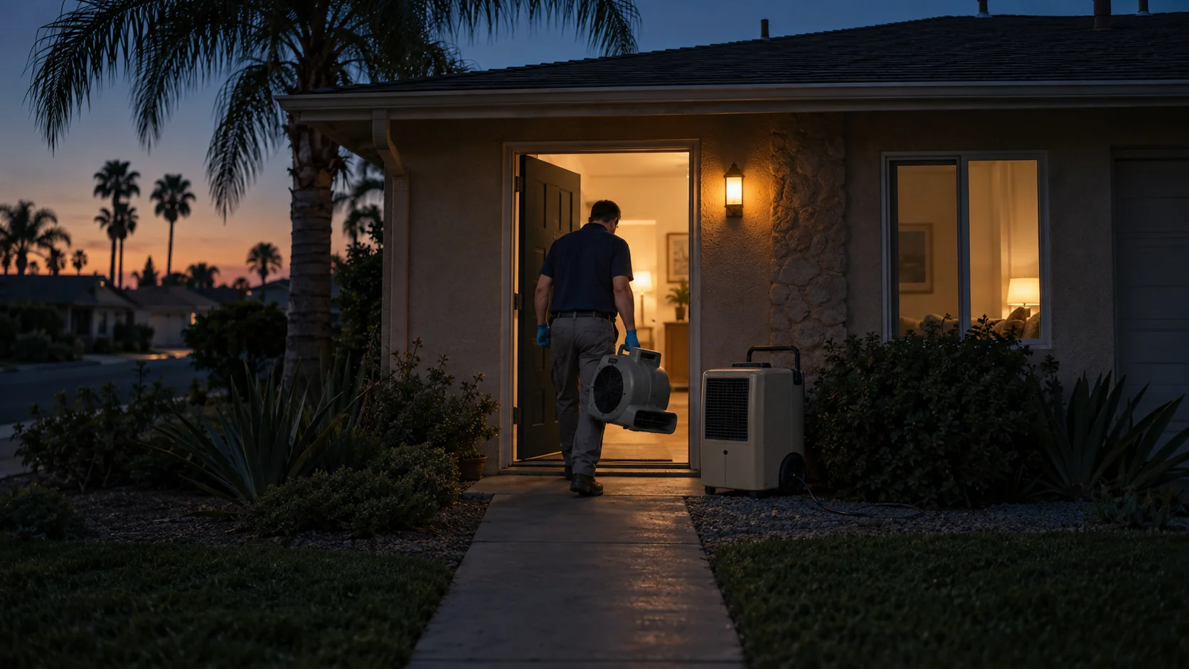 Technician carrying an air mover into an Anaheim ranch home at dusk with a dehumidifier waiting outside
