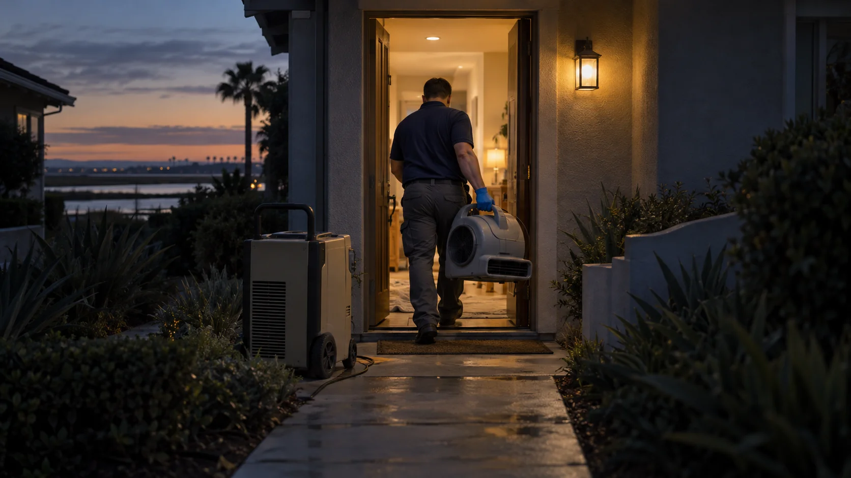 Technician carrying an air mover into a home near the Bolsa Chica wetlands at dusk