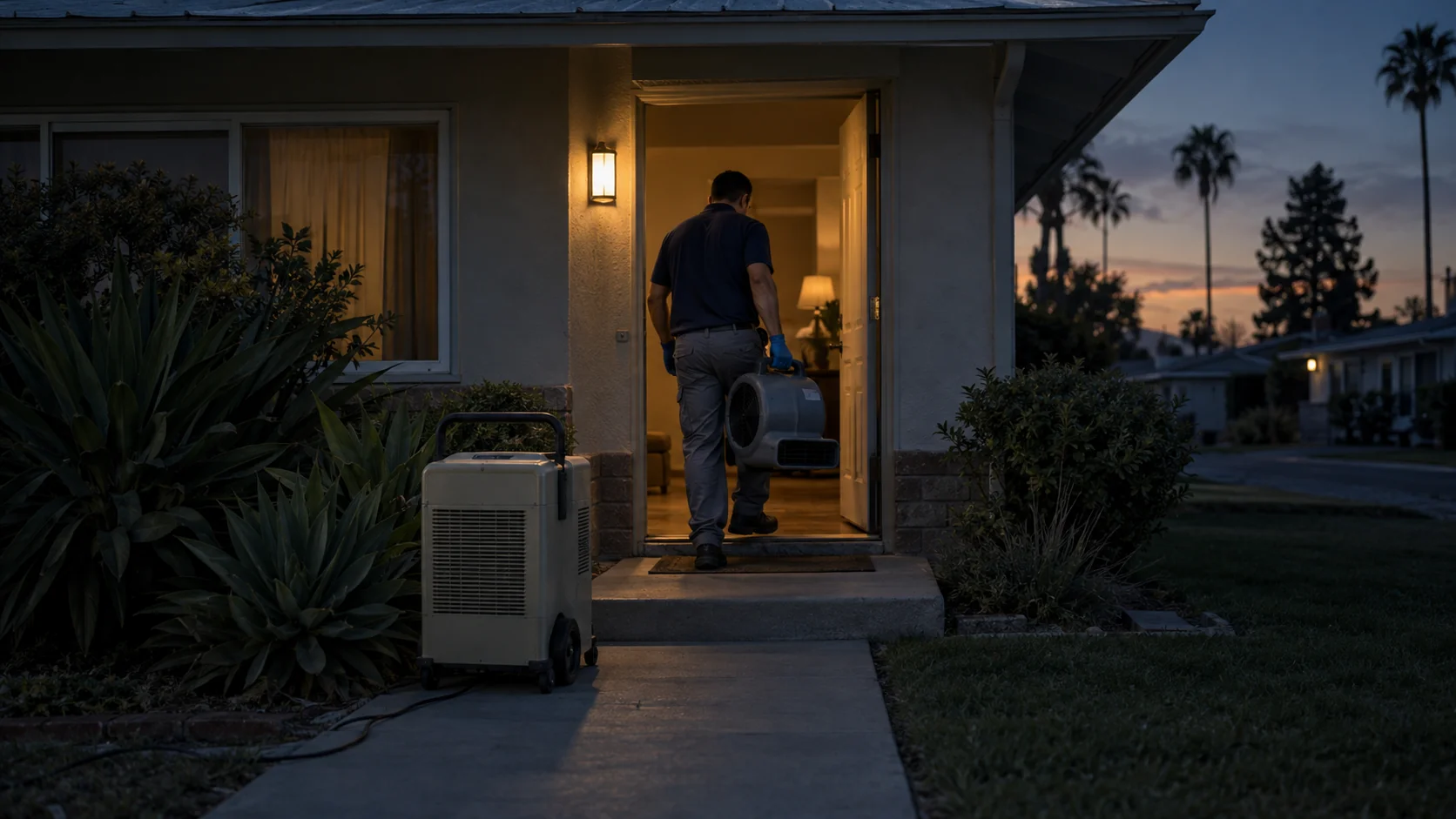 Technician carrying an air mover into a 1950s tract home at dusk with a dehumidifier on the path