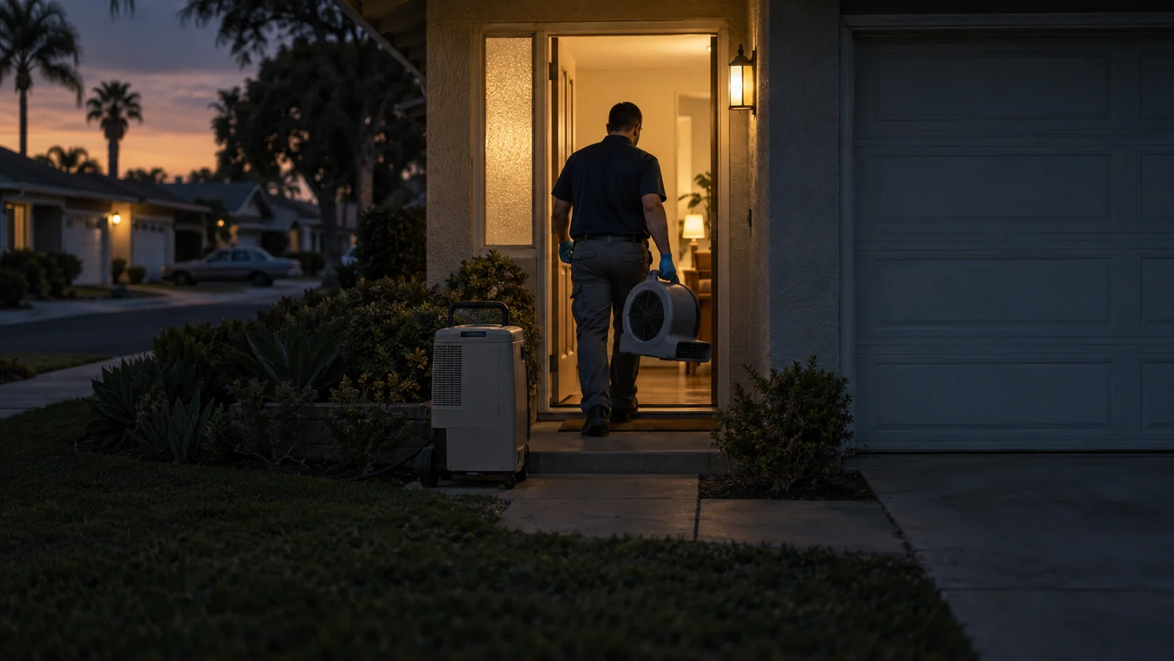 Technician carrying an air mover into a 1960s tract home with an attached garage at dusk