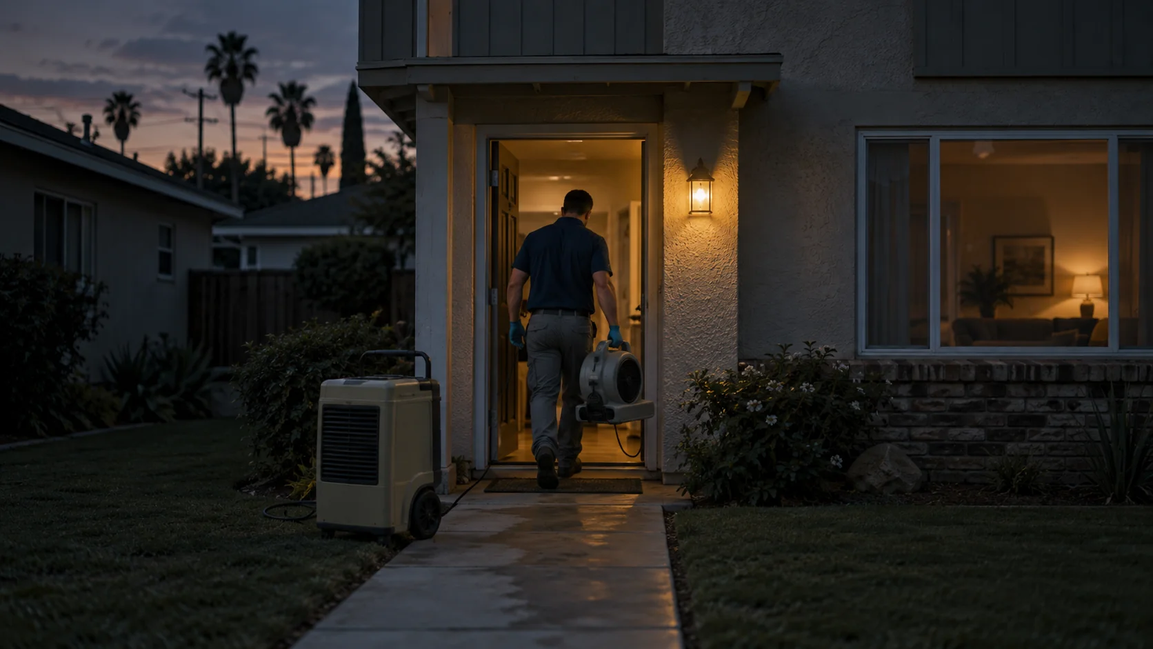 Technician carrying an air mover into a two-story 1970s family home at dusk in Cerritos