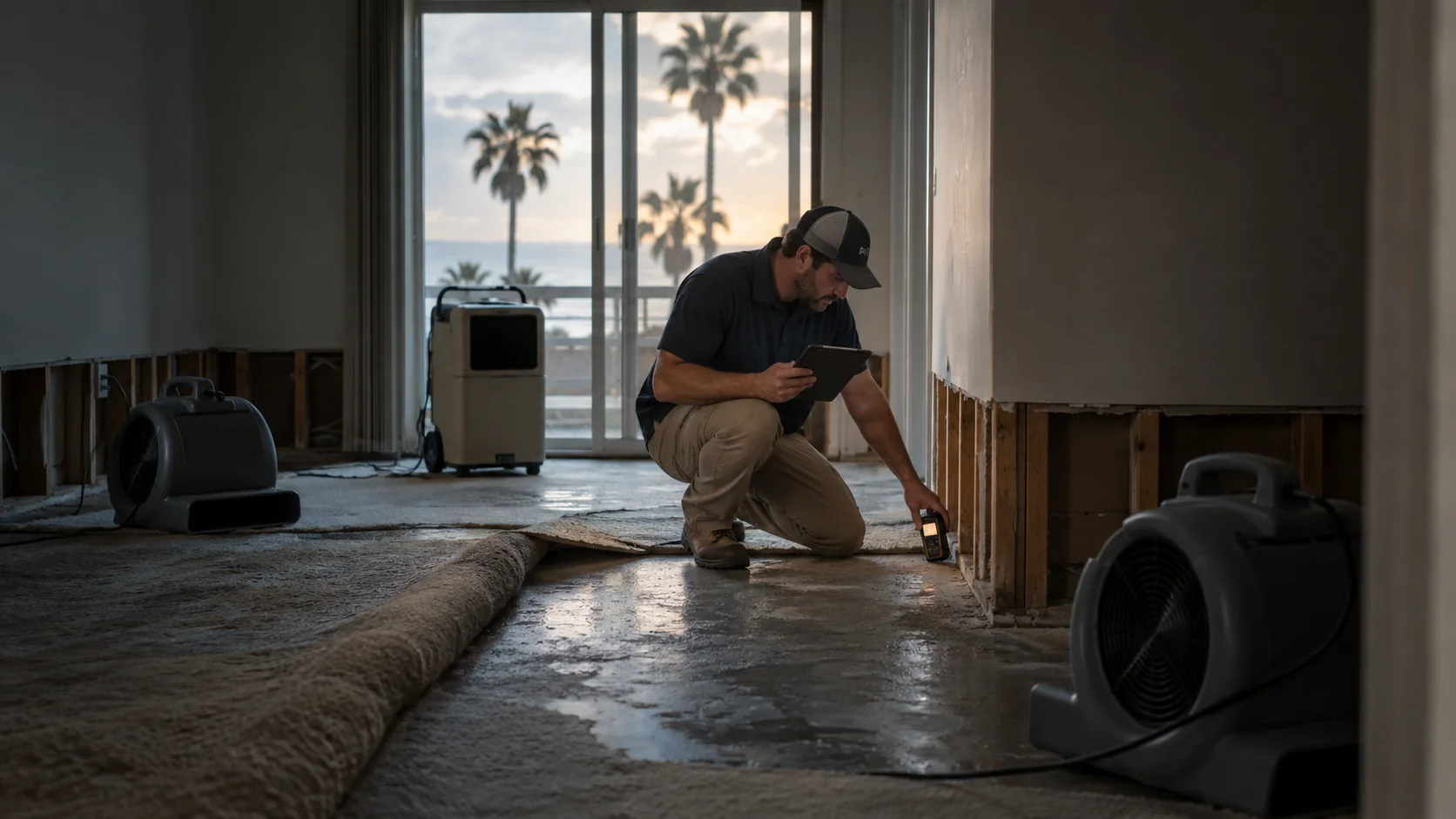 Estimator with a tablet measuring a water-damaged room with carpet pulled back and drywall cut at the base