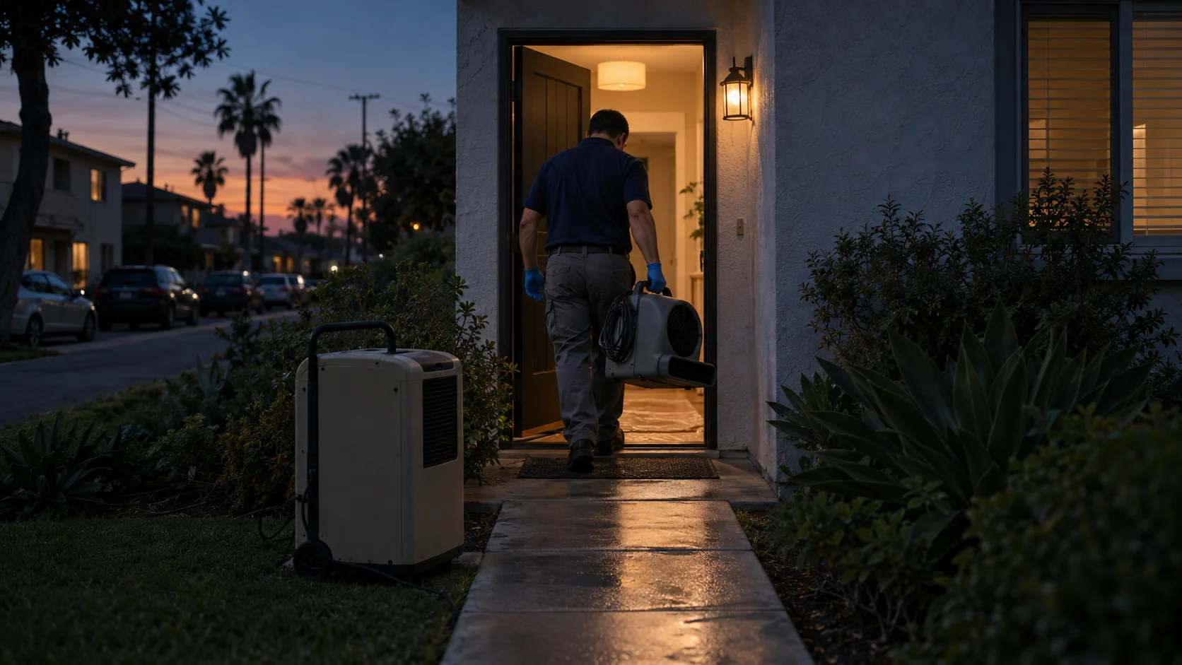 Technician carrying an air mover into a postwar home near apartment buildings at dusk in Costa Mesa
