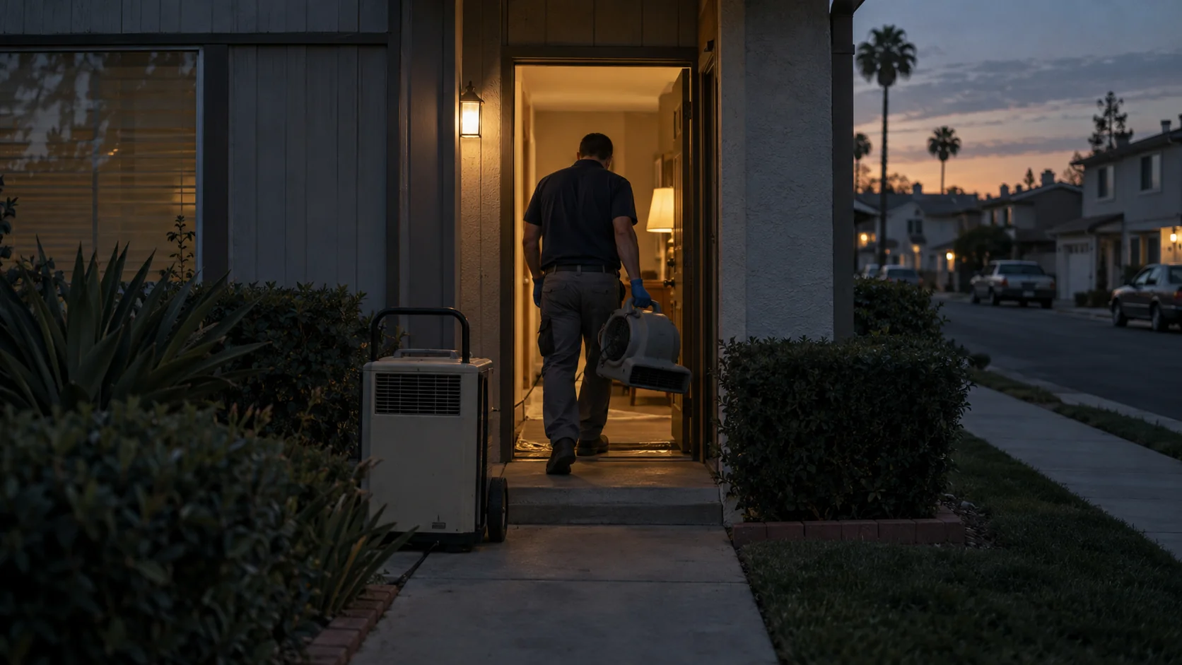 Technician carrying an air mover into a 1970s tract home near townhome rows at dusk in Cypress