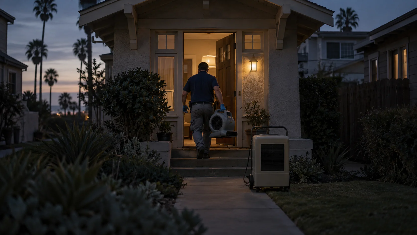 Technician carrying an air mover into a beach bungalow near Main Street at dusk in downtown Huntington Beach