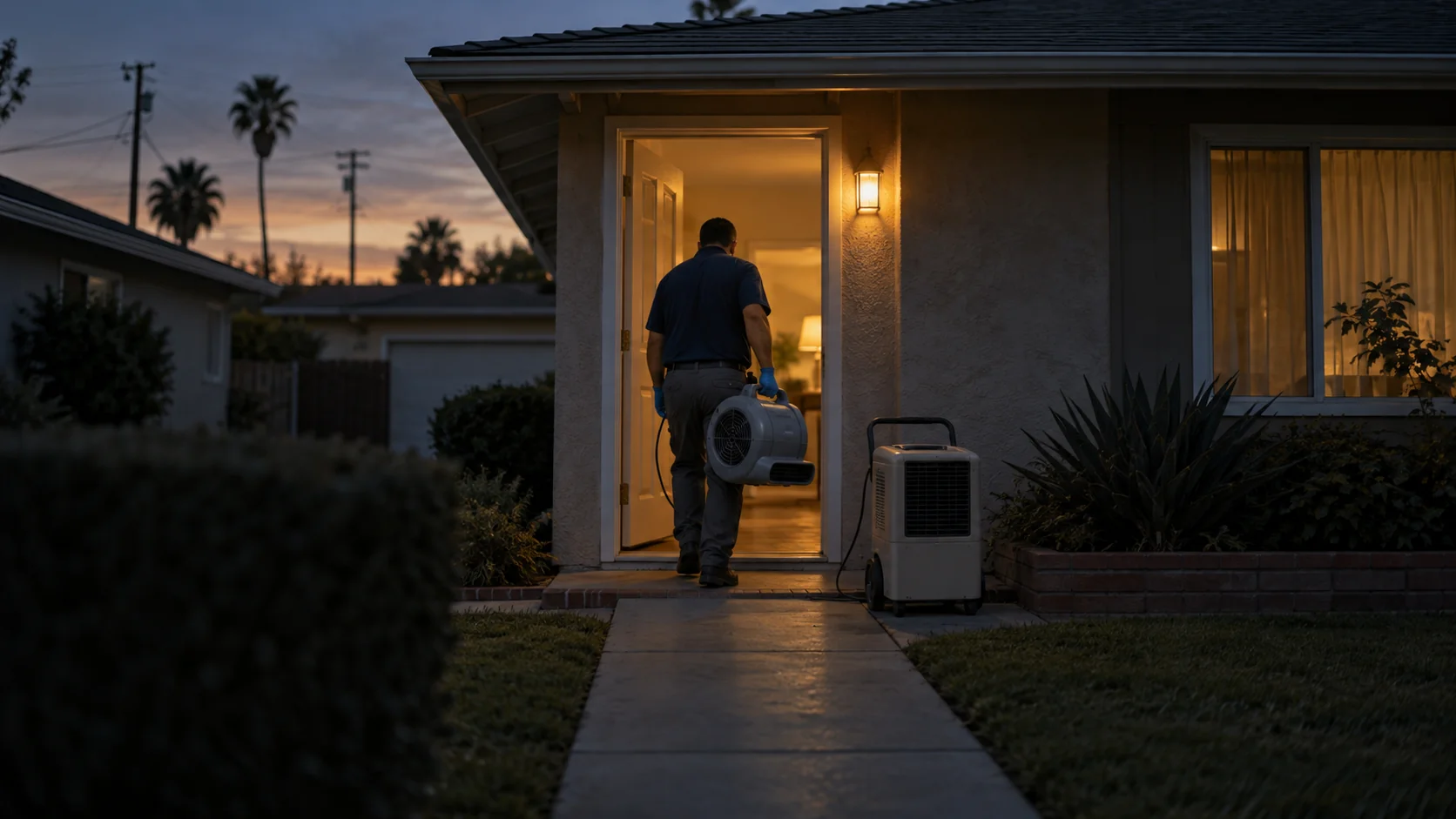 Technician carrying an air mover into a 1970s one-story home at dusk in Fountain Valley
