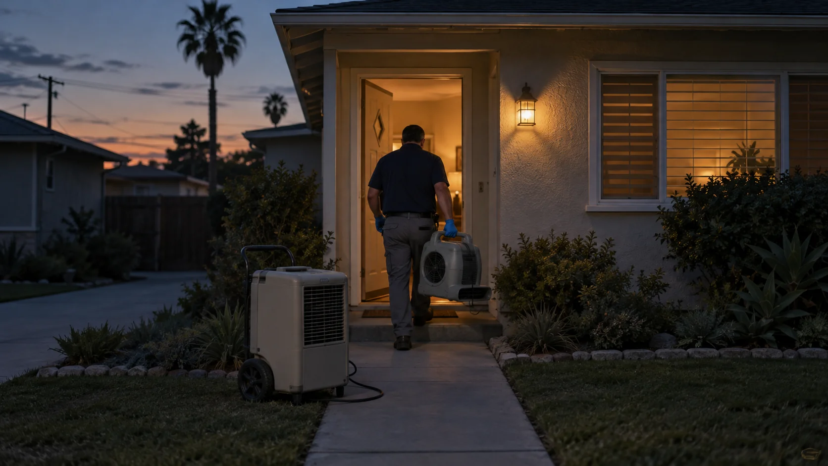 Technician carrying an air mover into a 1950s one-story home at dusk in Garden Grove