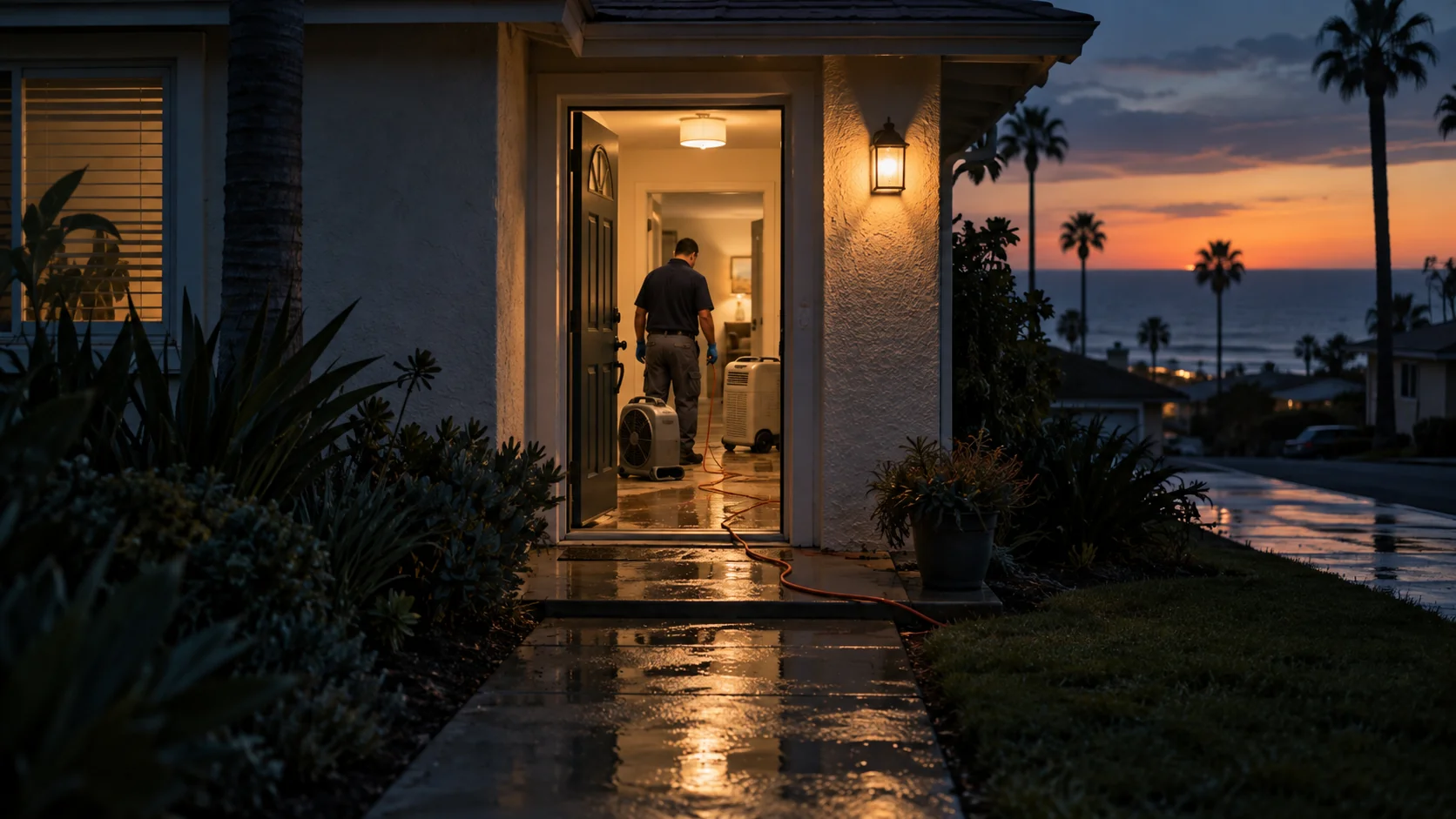 Air mover and extension cord on a wet entry floor inside a Huntington Beach ranch home at dusk