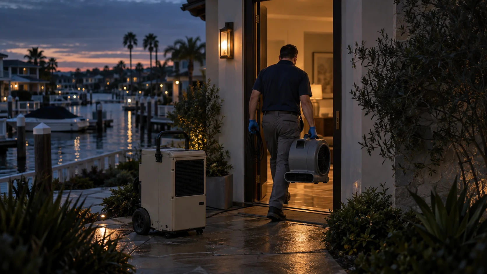 Technician carrying an air mover into a waterfront Huntington Harbour home with a private boat dock at dusk