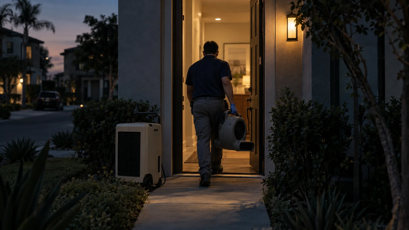 Technician carrying an air mover into a two-story master-planned home at dusk in Irvine