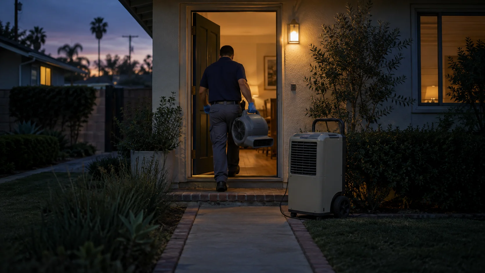 Technician carrying an air mover into a 1950s one-story home at dusk in Lakewood