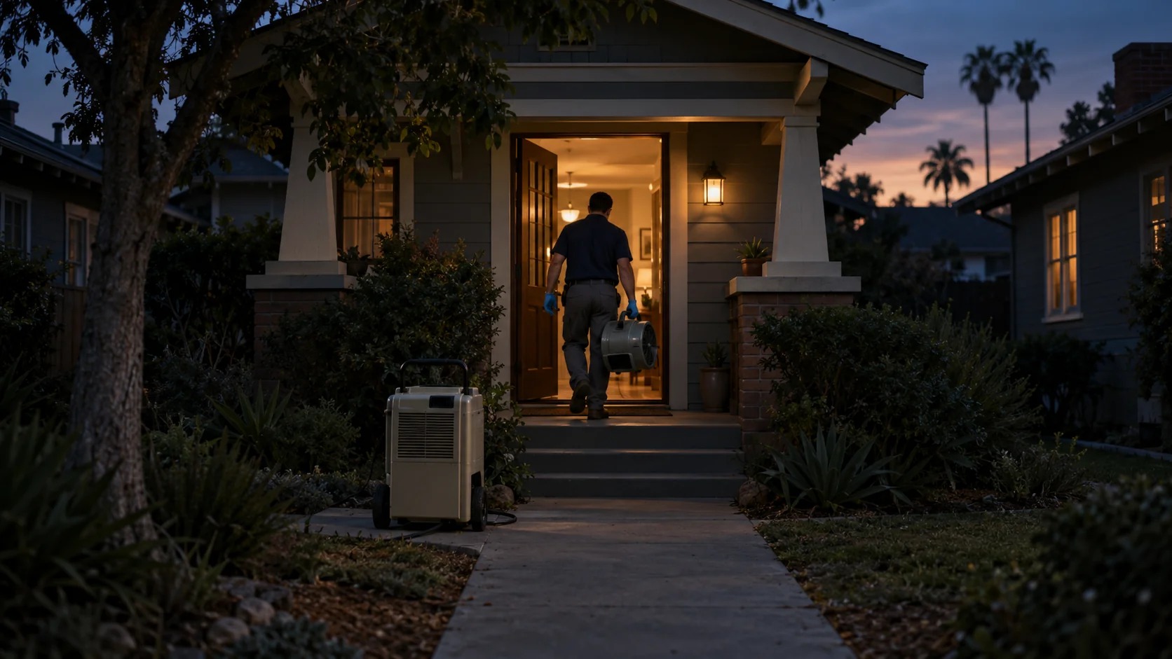 Technician carrying an air mover into a Craftsman bungalow with a front porch at dusk in Long Beach