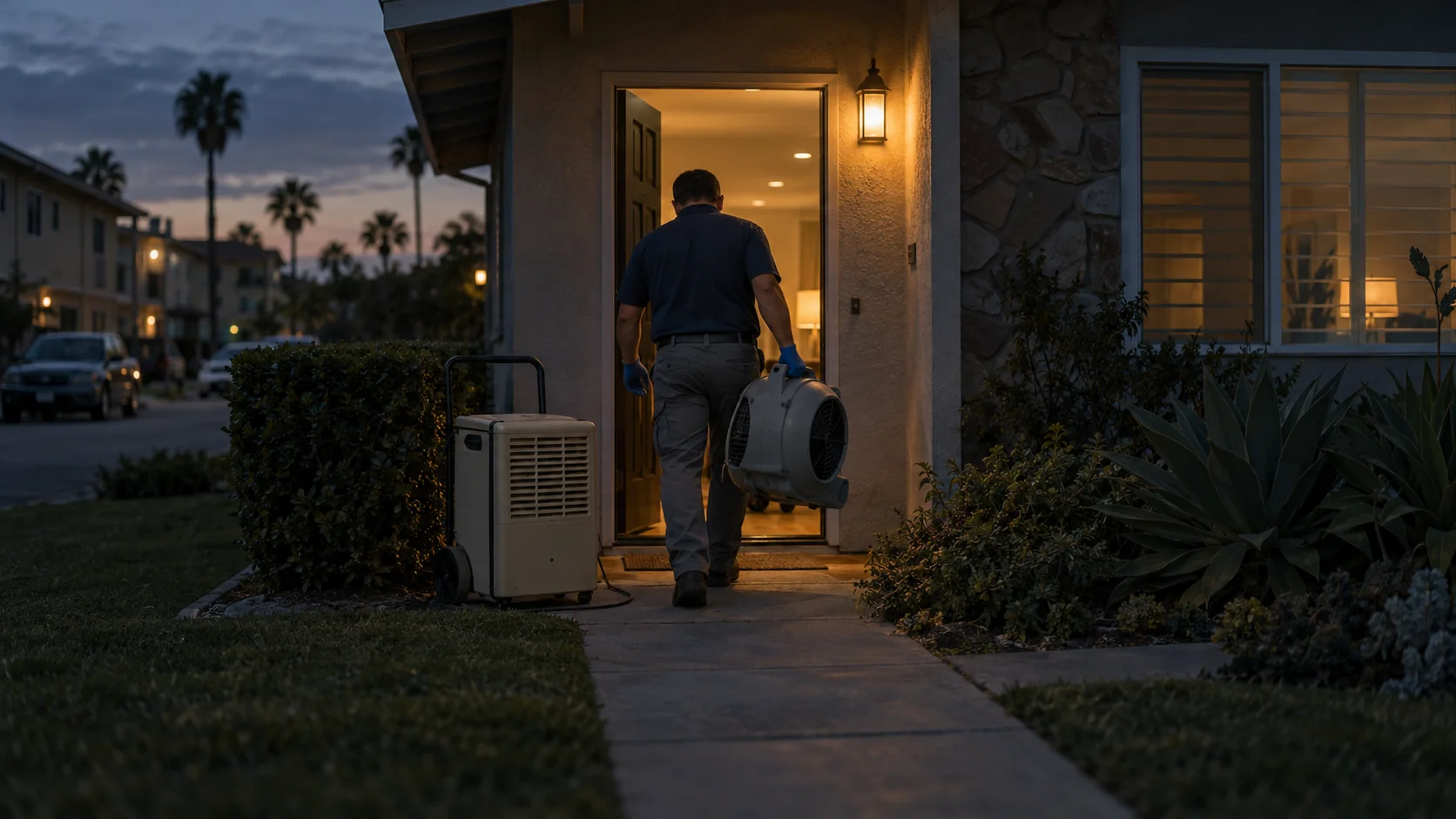 Technician carrying an air mover into a 1960s home near small apartment buildings at dusk in Los Alamitos