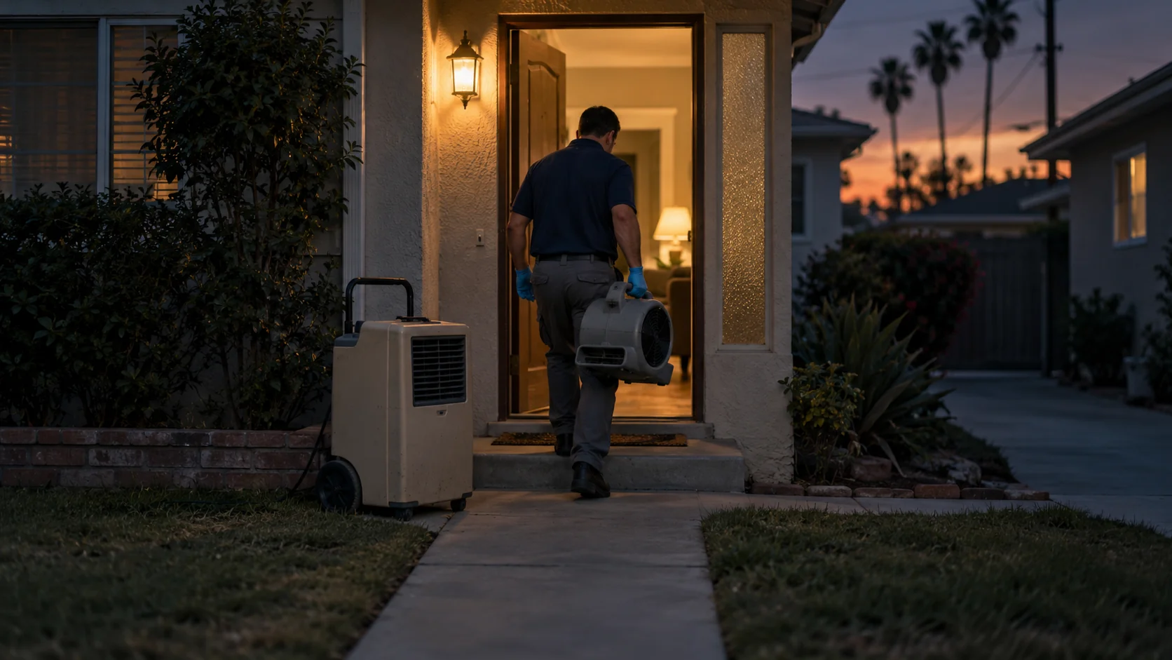 Technician carrying an air mover into a modest one-story home at dusk in Midway City