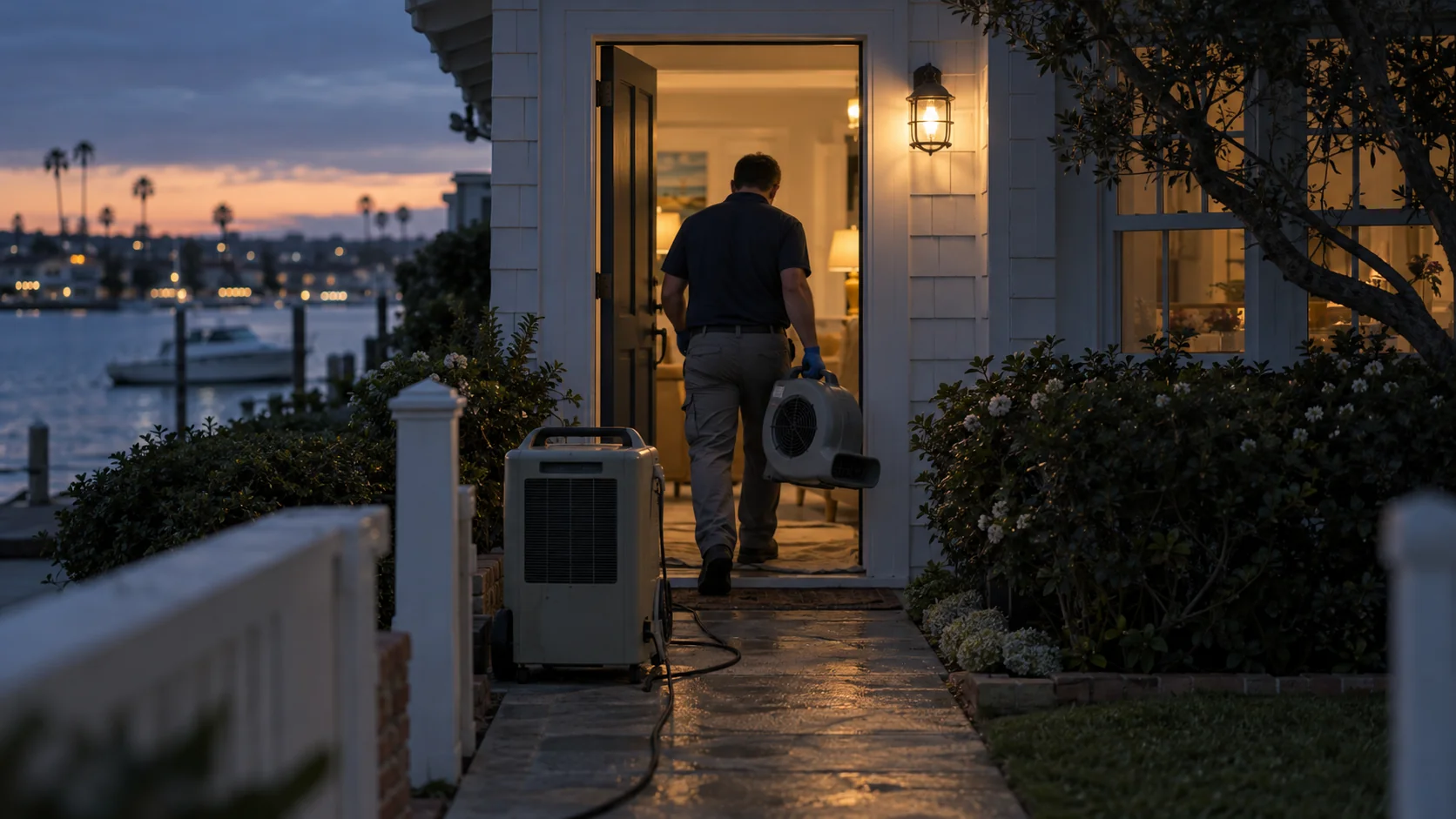 Technician carrying an air mover into a Balboa Island waterfront cottage at dusk in Newport Beach