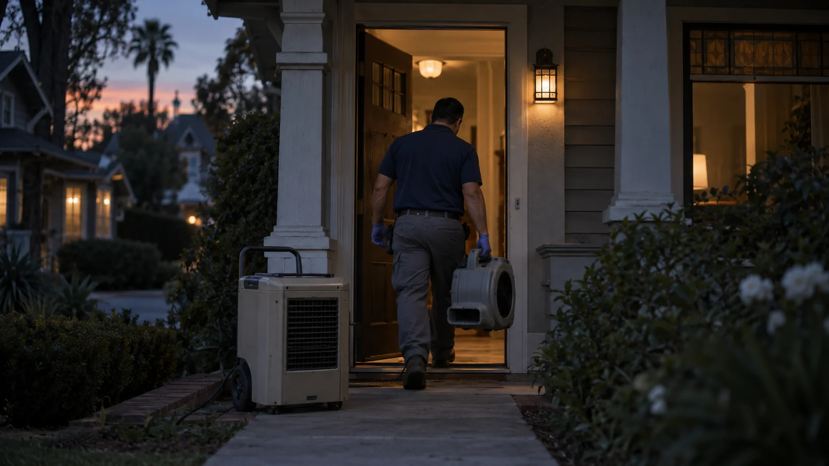 Technician carrying an air mover into an Old Towne Orange Craftsman home at dusk
