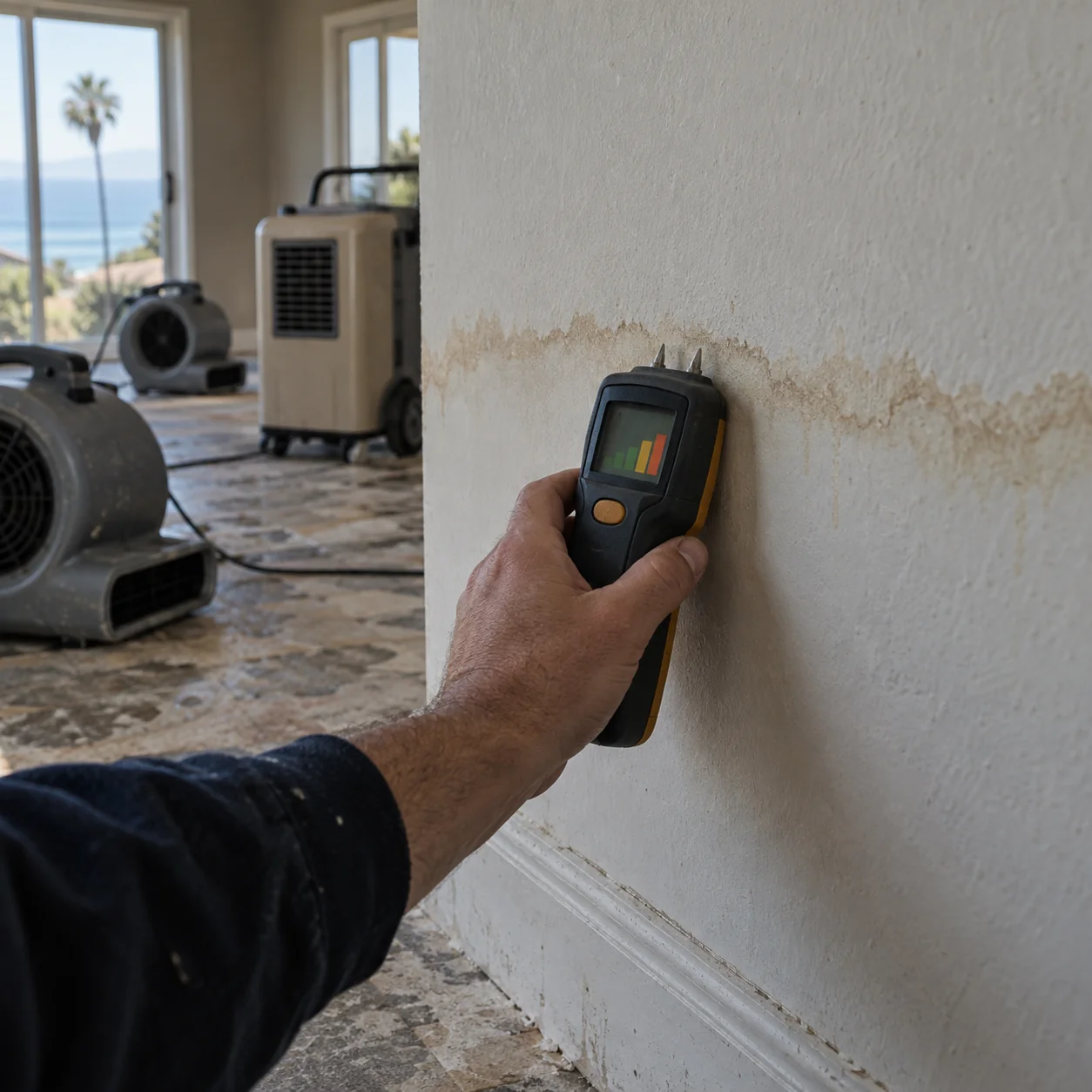 Pin moisture meter pressed into drywall showing a high reading beside a water stain line
