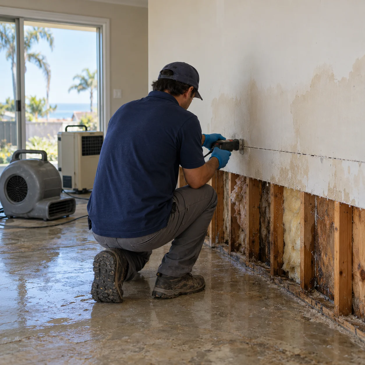 Technician cutting a straight line through wet drywall above the floor with damp studs exposed