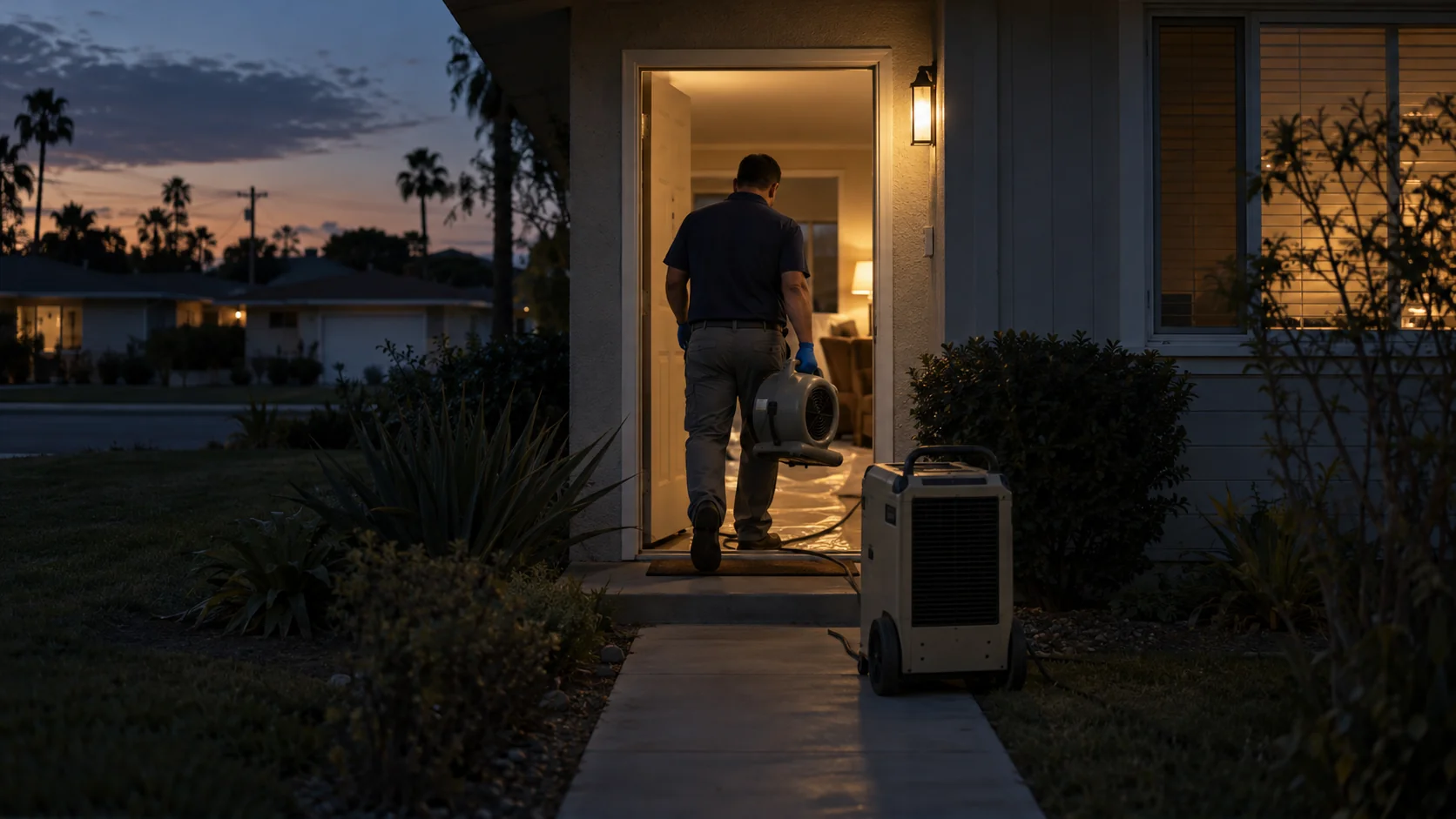 Technician carrying an air mover into a 1950s ranch home on a wide lot at dusk in Rossmoor