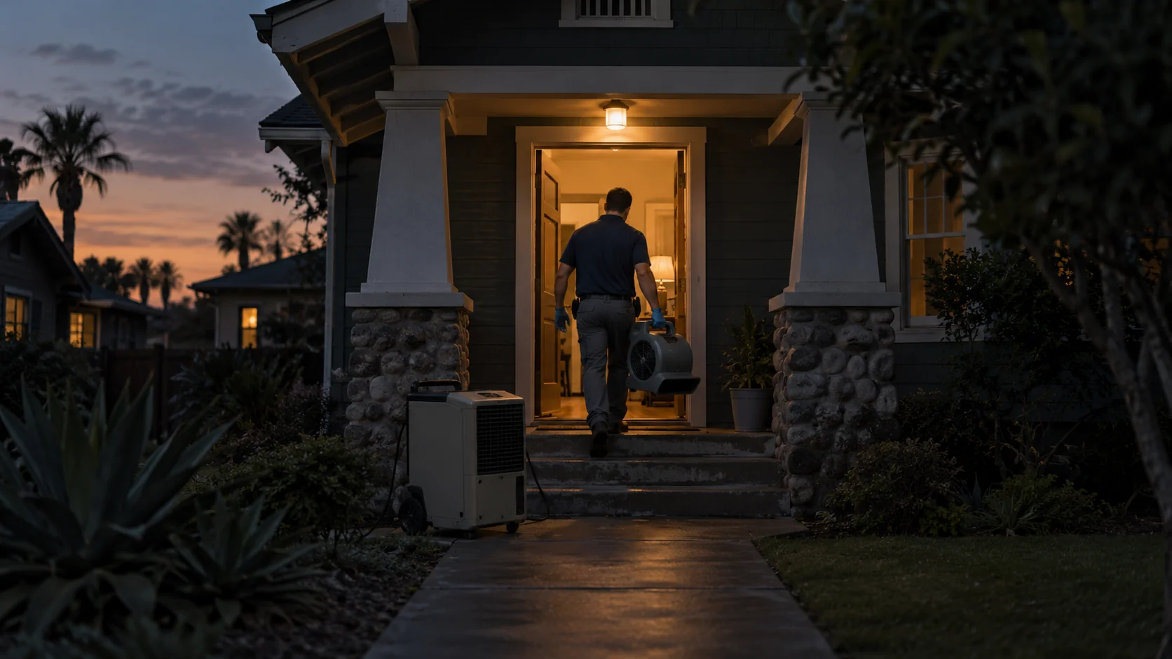 Technician carrying an air mover into a 1920s bungalow in a historic Santa Ana neighborhood at dusk