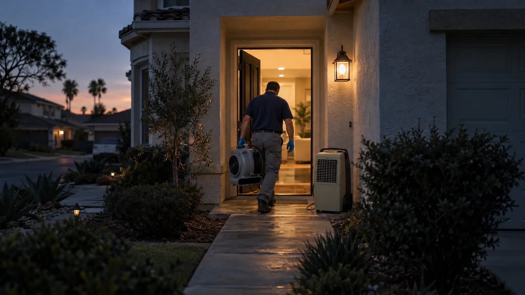 Technician carrying an air mover into a newer two-story home at dusk in Seacliff, Huntington Beach