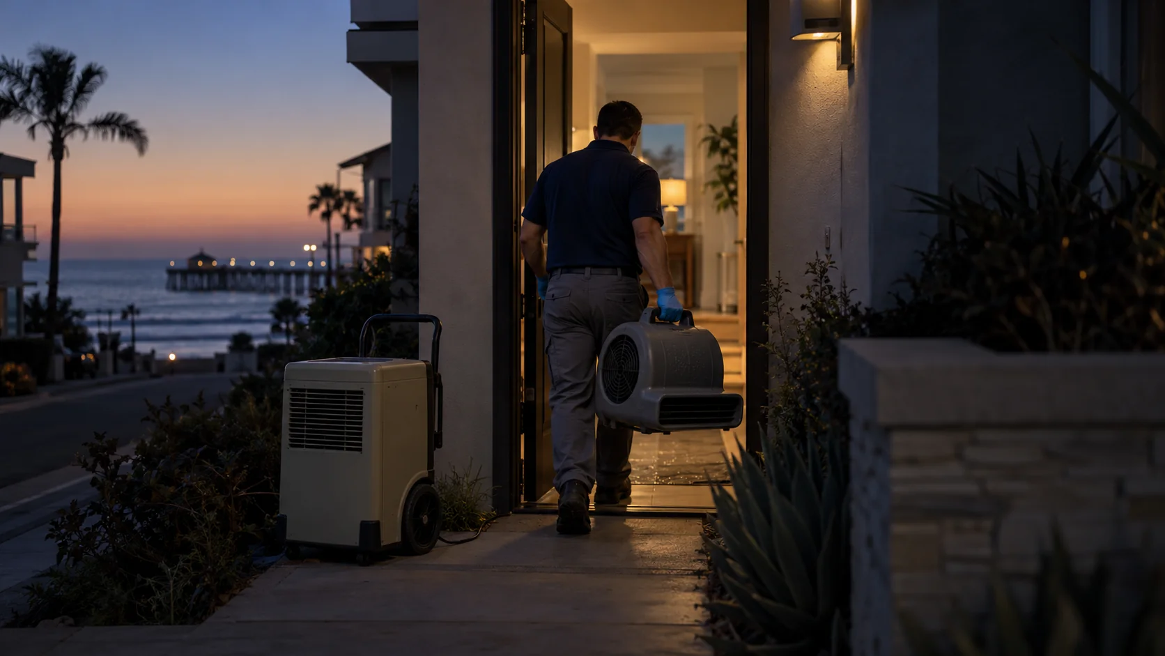 Technician carrying an air mover into a beachfront home near the pier at dusk in Seal Beach
