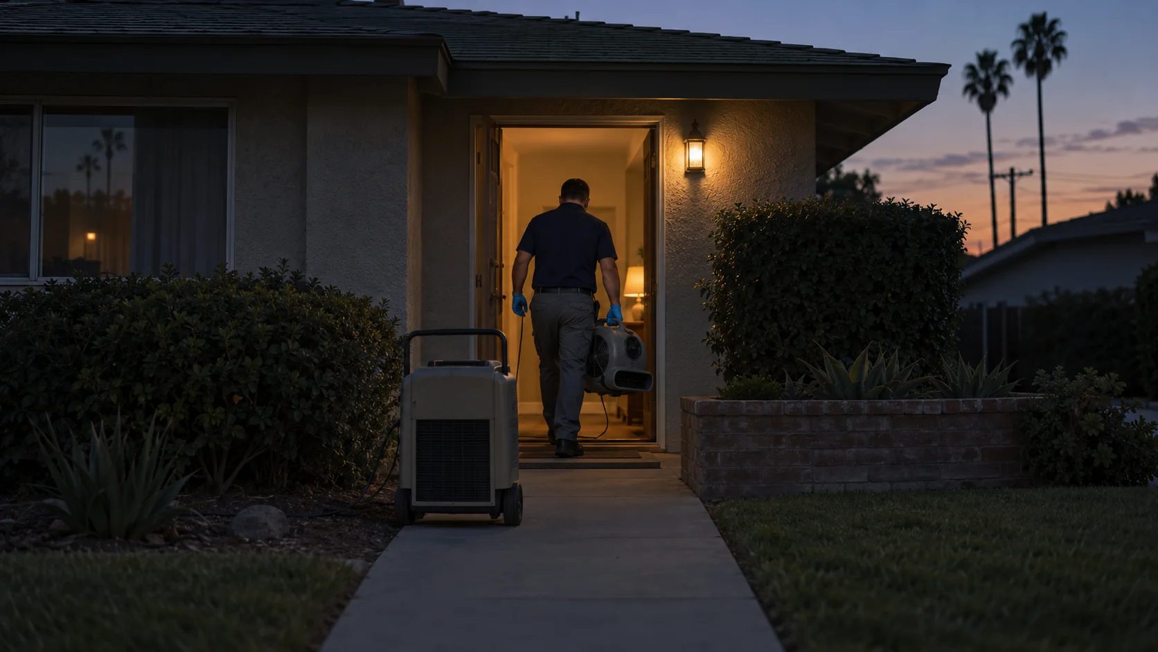 Technician carrying an air mover into a 1970s tract home at dusk in southeast Huntington Beach