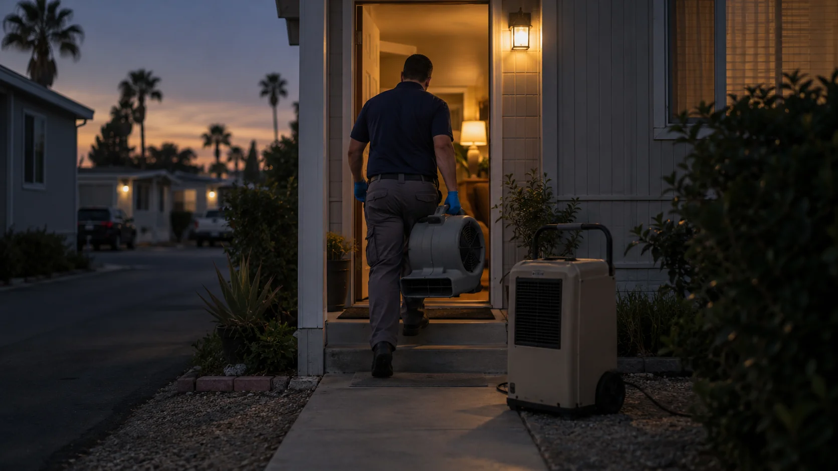 Technician carrying an air mover into a manufactured home near small apartment buildings at dusk in Stanton