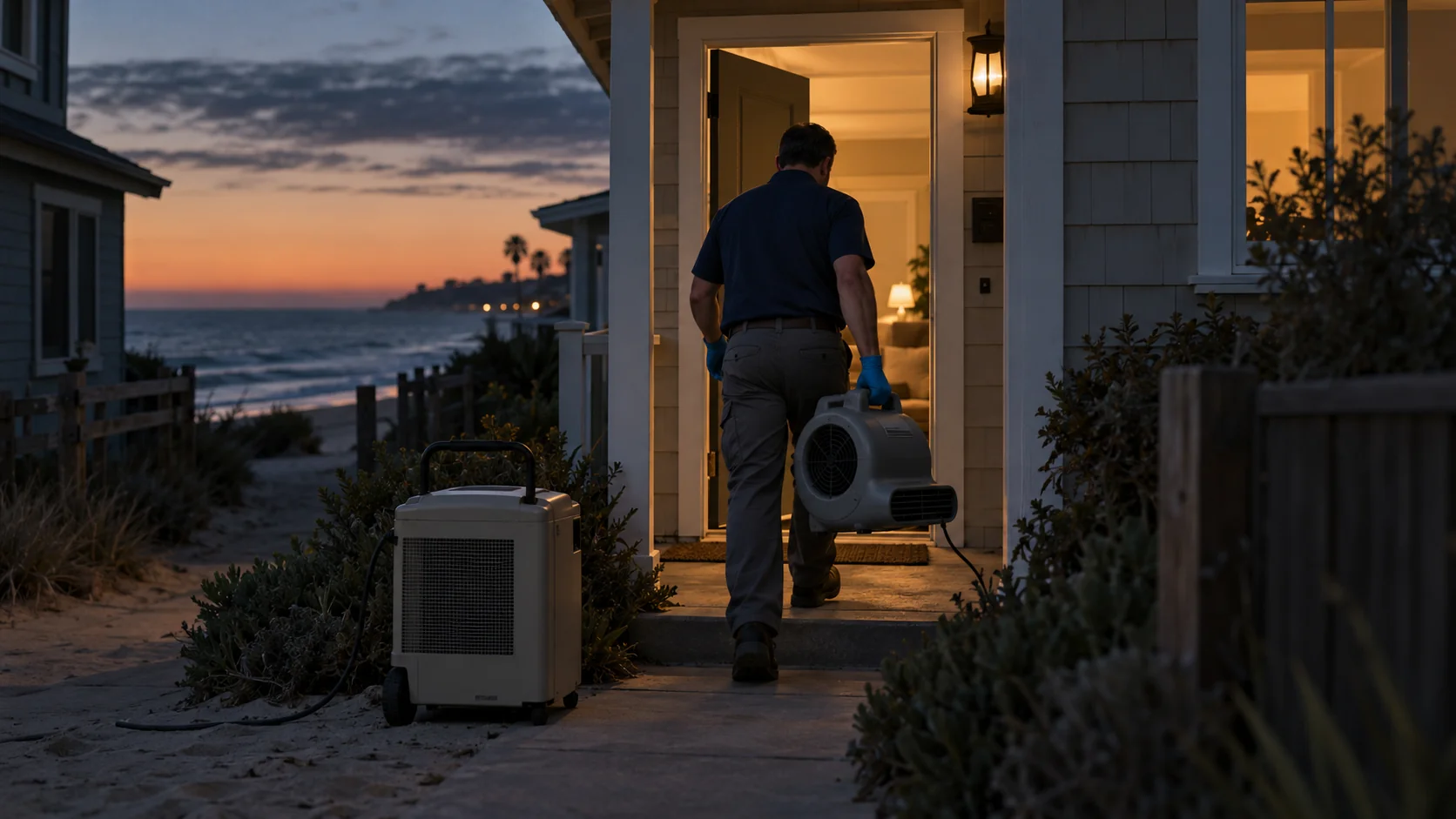 Technician carrying an air mover into a small beach cottage along the sand at dusk in Sunset Beach
