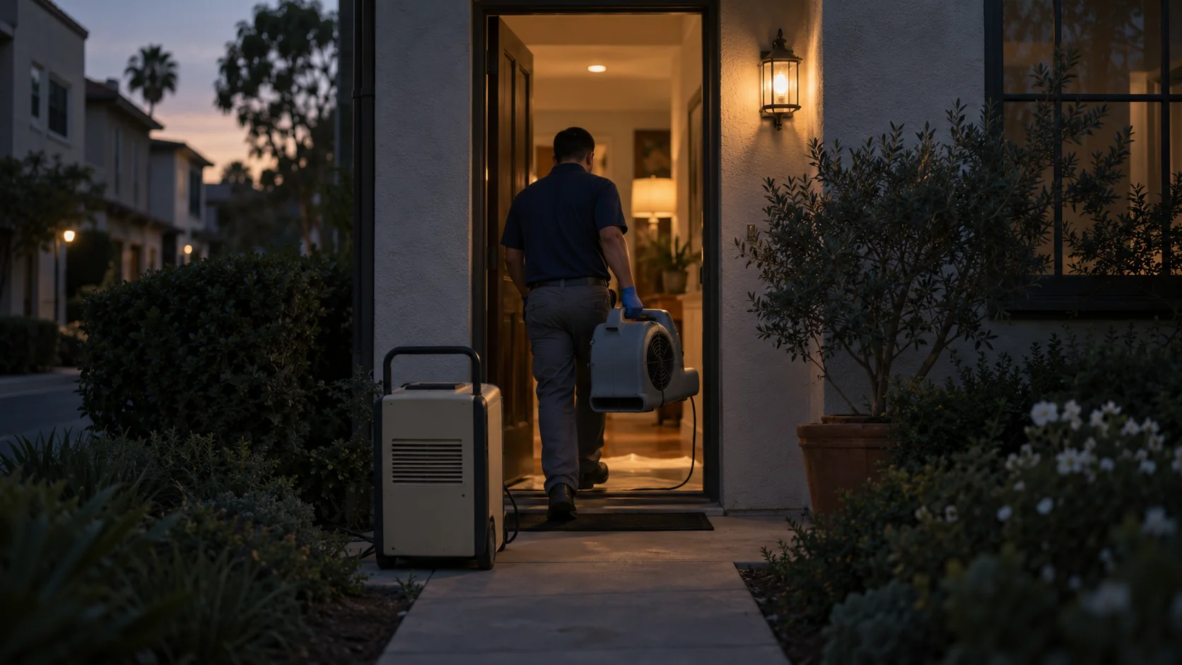 Technician carrying an air mover into an Old Town Tustin home near multi-unit buildings at dusk