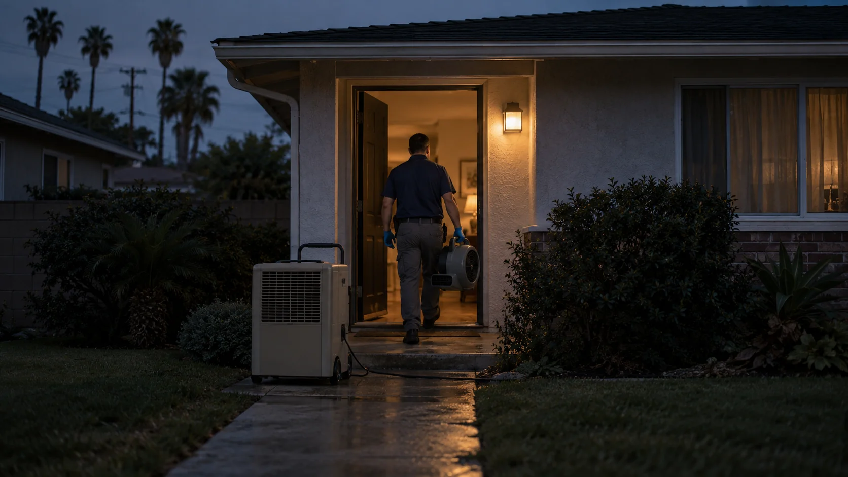 Technician carrying an air mover into a one-story tract home at dusk in Westminster