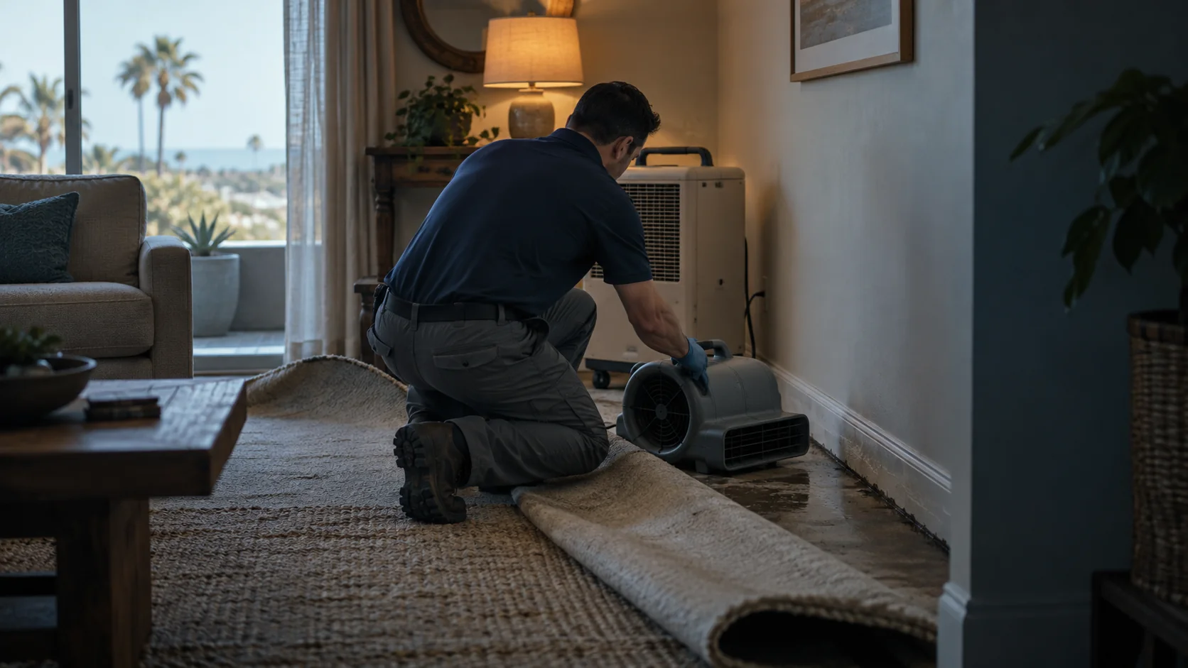 Technician placing an air mover along a wet baseboard with a dehumidifier running in a living room