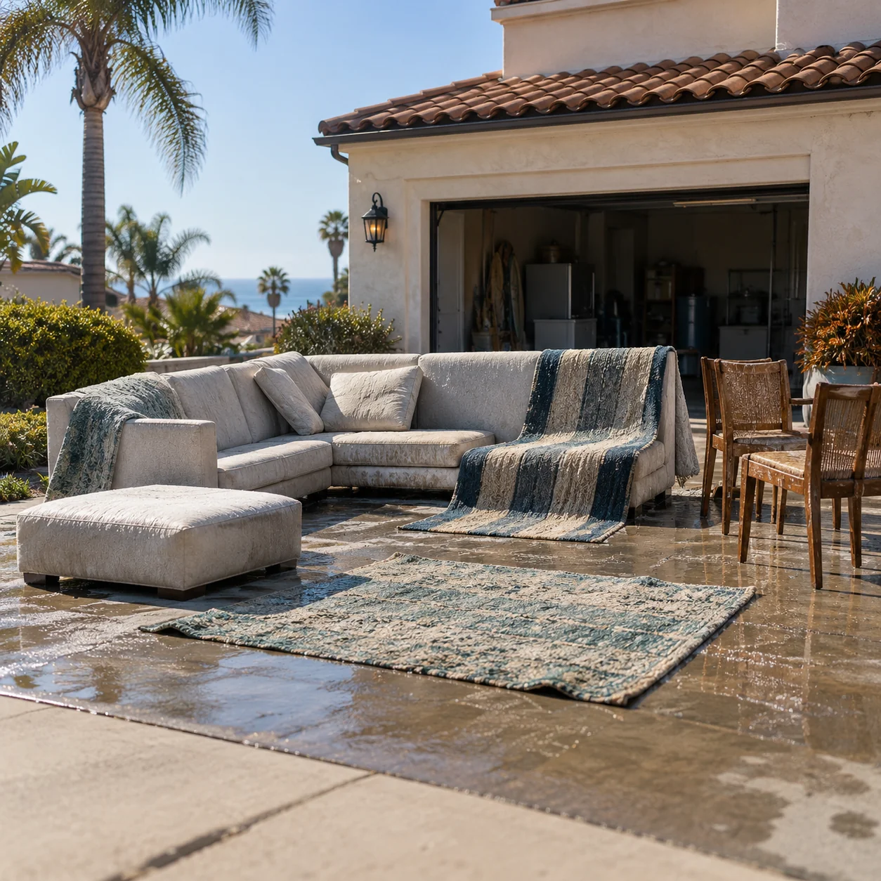Wet furniture and rugs drying on a sunny driveway in front of a Huntington Beach stucco home