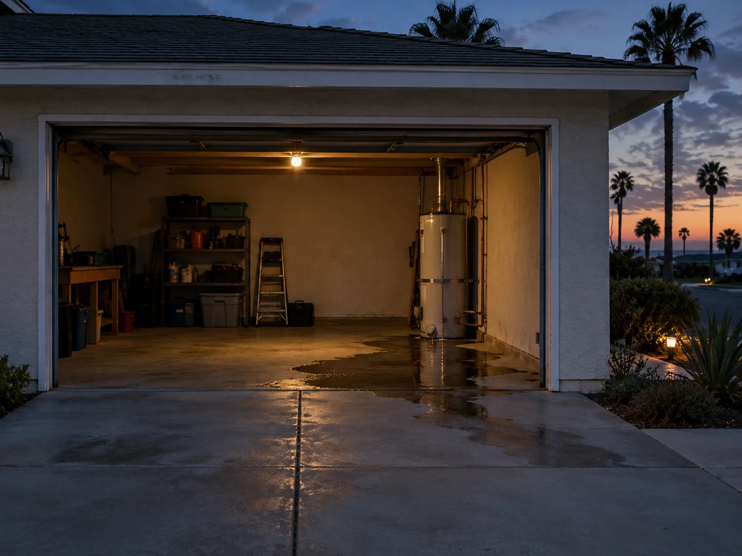 Open garage of a one-story Huntington Beach home at dusk with a water heater and a wet patch on the floor