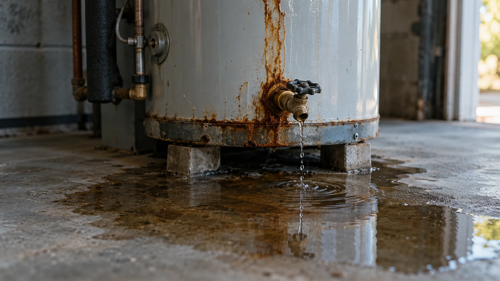 Bottom of a water heater tank with a dripping drain valve, rust streaks and a puddle