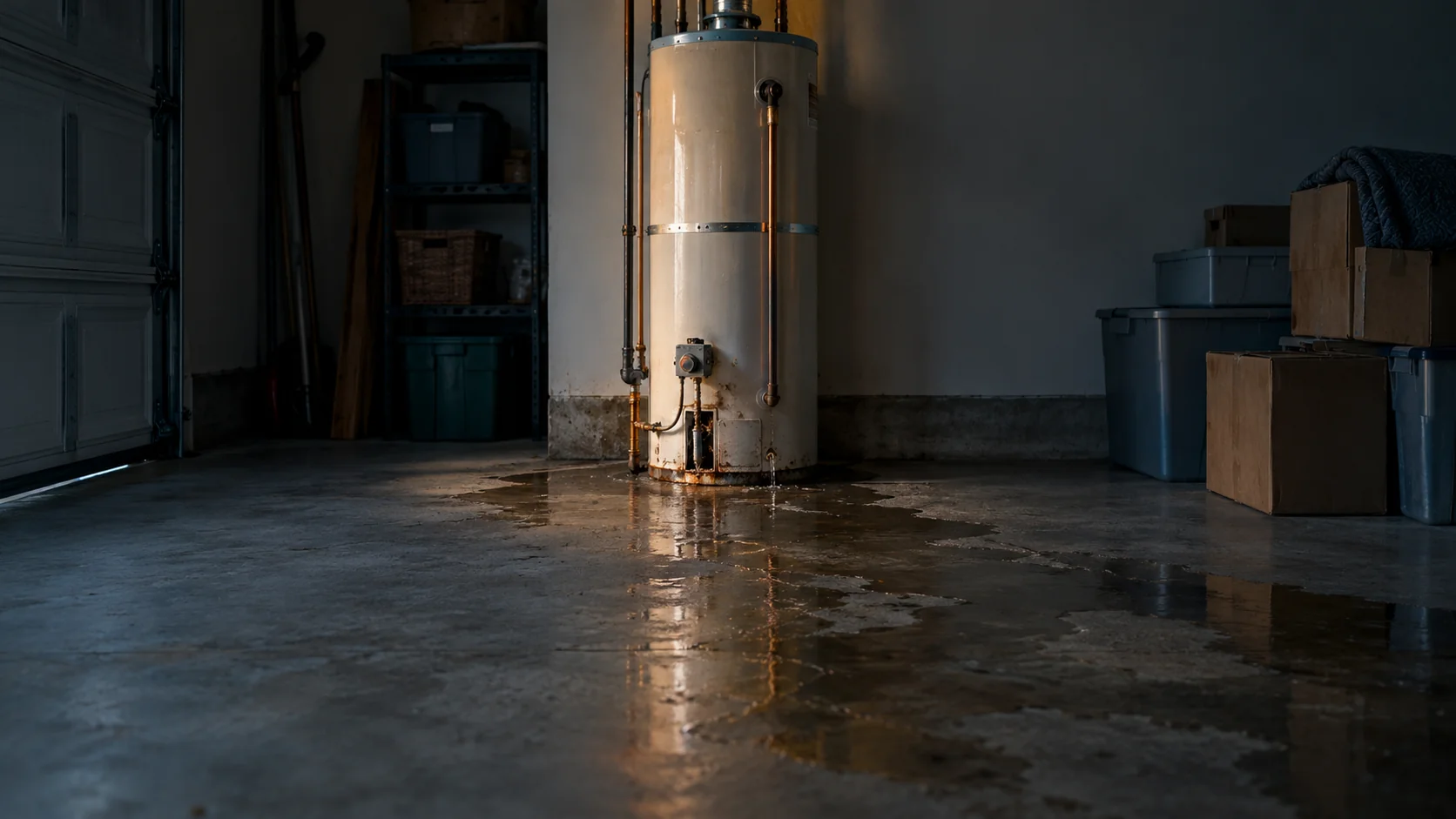 Tall gas water heater in a garage with water pooling at its base and spreading toward stored boxes