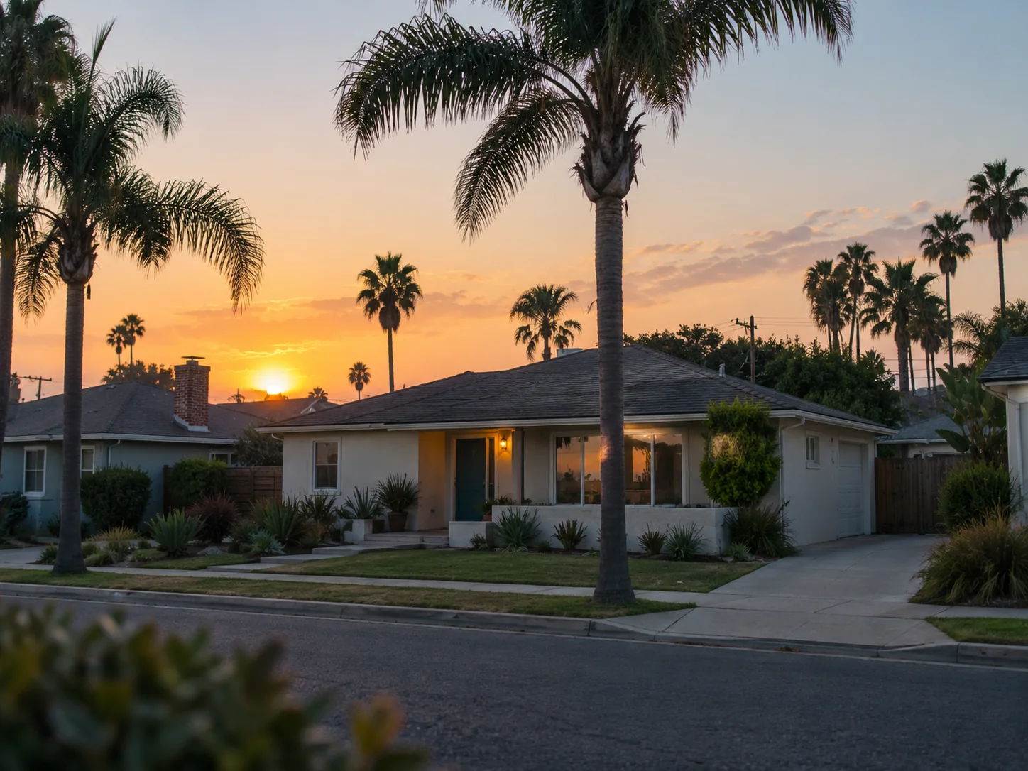 One-story Huntington Beach homes and palm trees along a residential street in soft evening light