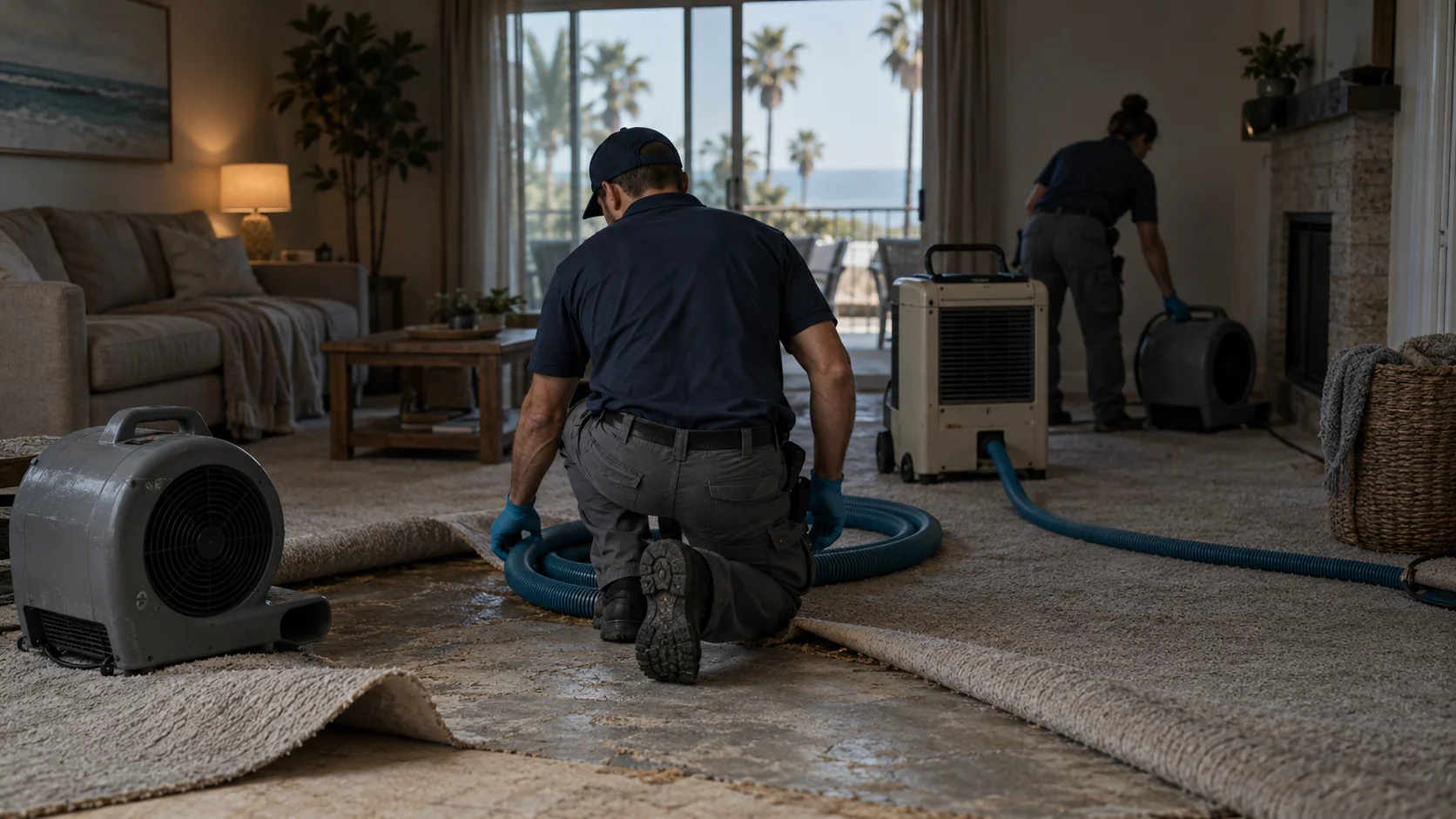 Two-person mitigation crew setting up air movers and a dehumidifier in a living room with carpet pulled back