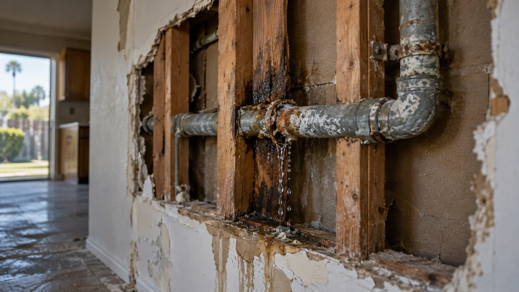 Corroded galvanized pipe leaking inside an opened wall of an older Westminster tract home