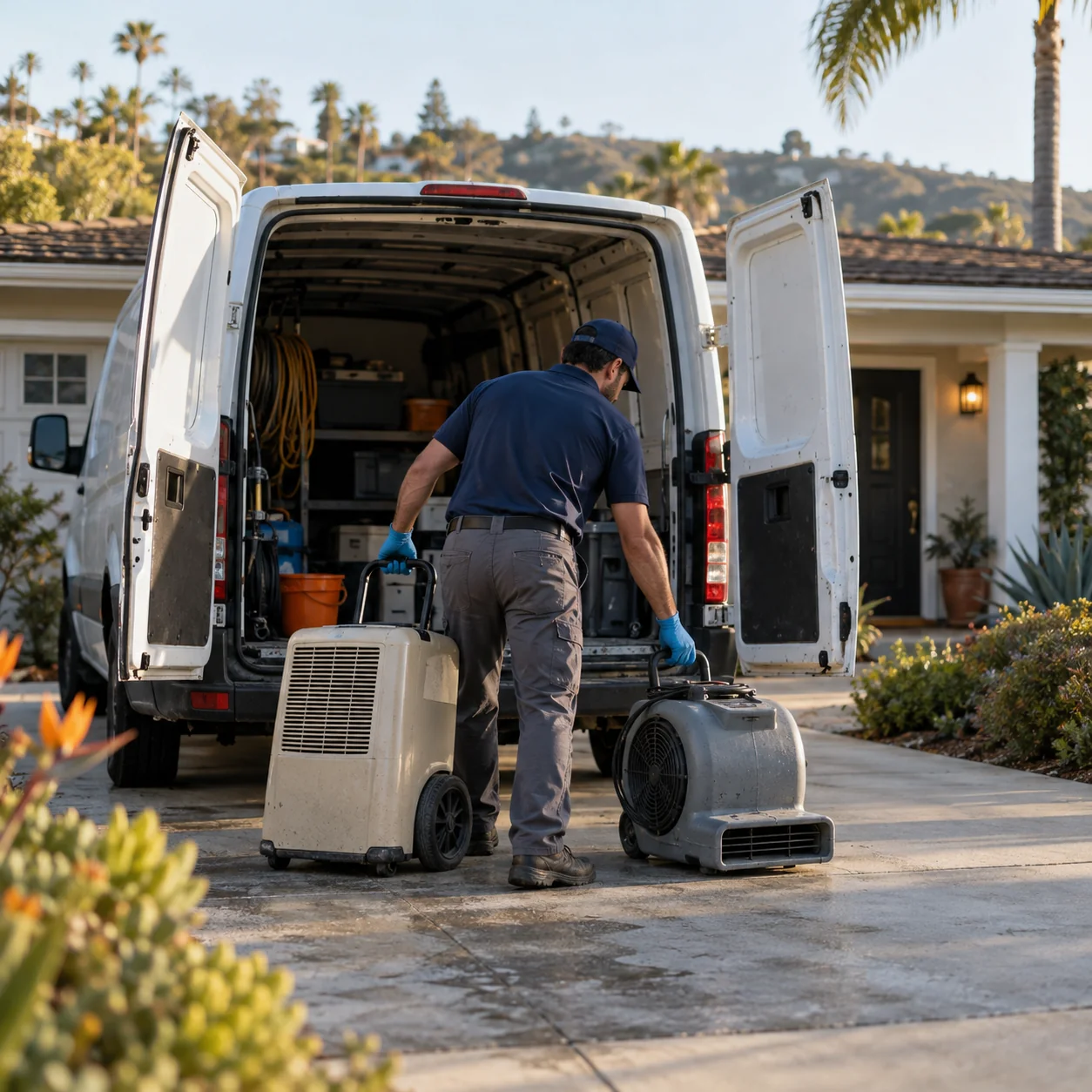 Technician unloading a dehumidifier and air mover from an unmarked white van outside an Orange County home