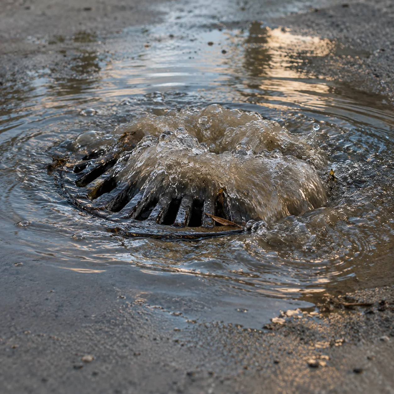 Floor drain overflowing with murky water on concrete with ripples spreading outward