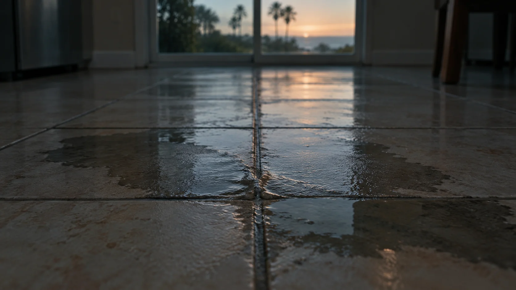 Water seeping up through the grout lines of a tiled slab-home floor in a spreading damp patch
