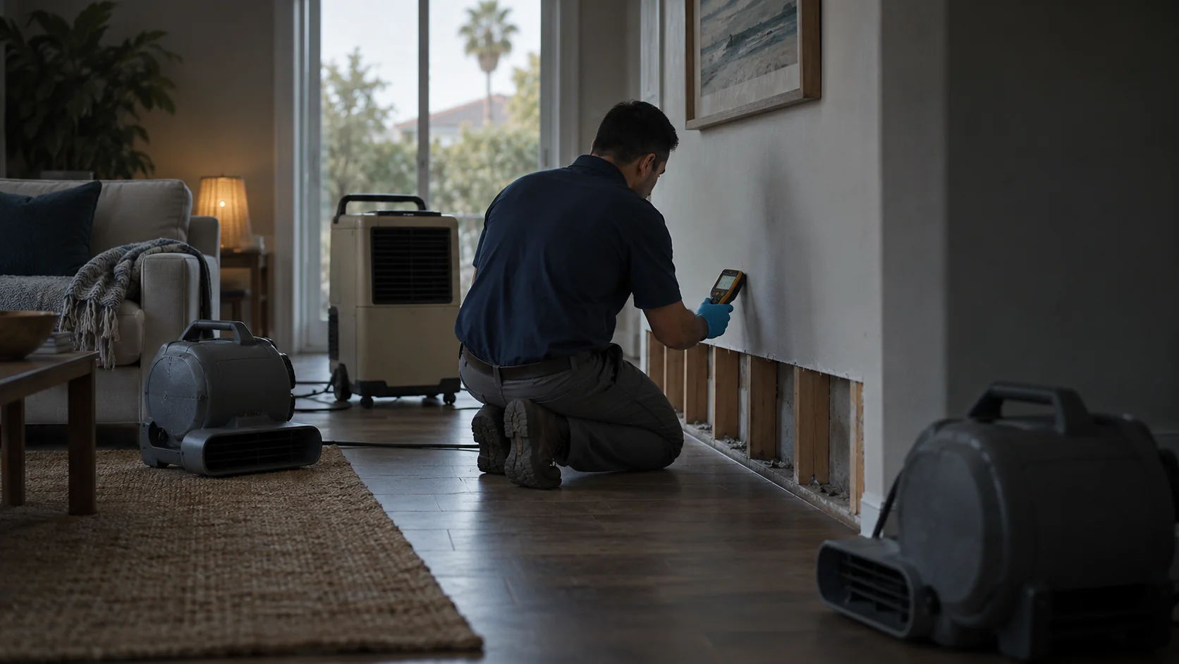 Restoration crew in a living room with cut drywall, two air movers, a dehumidifier and moisture readings