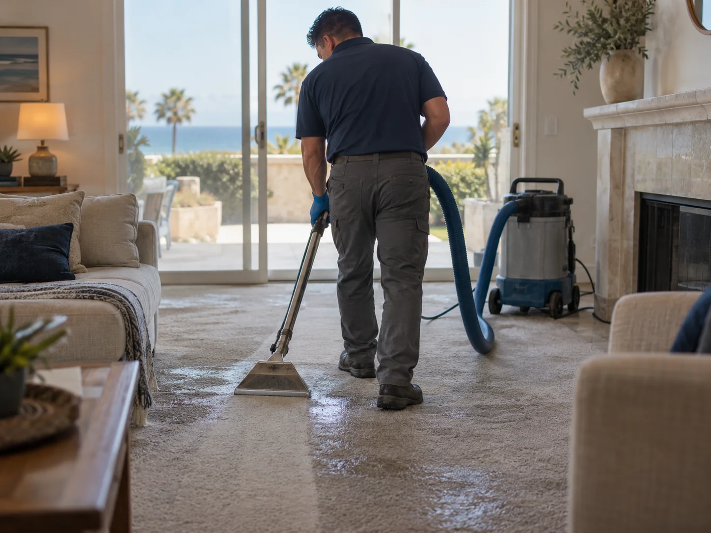 Technician pushing a carpet extraction wand across soaked carpet with a wet-vac unit behind